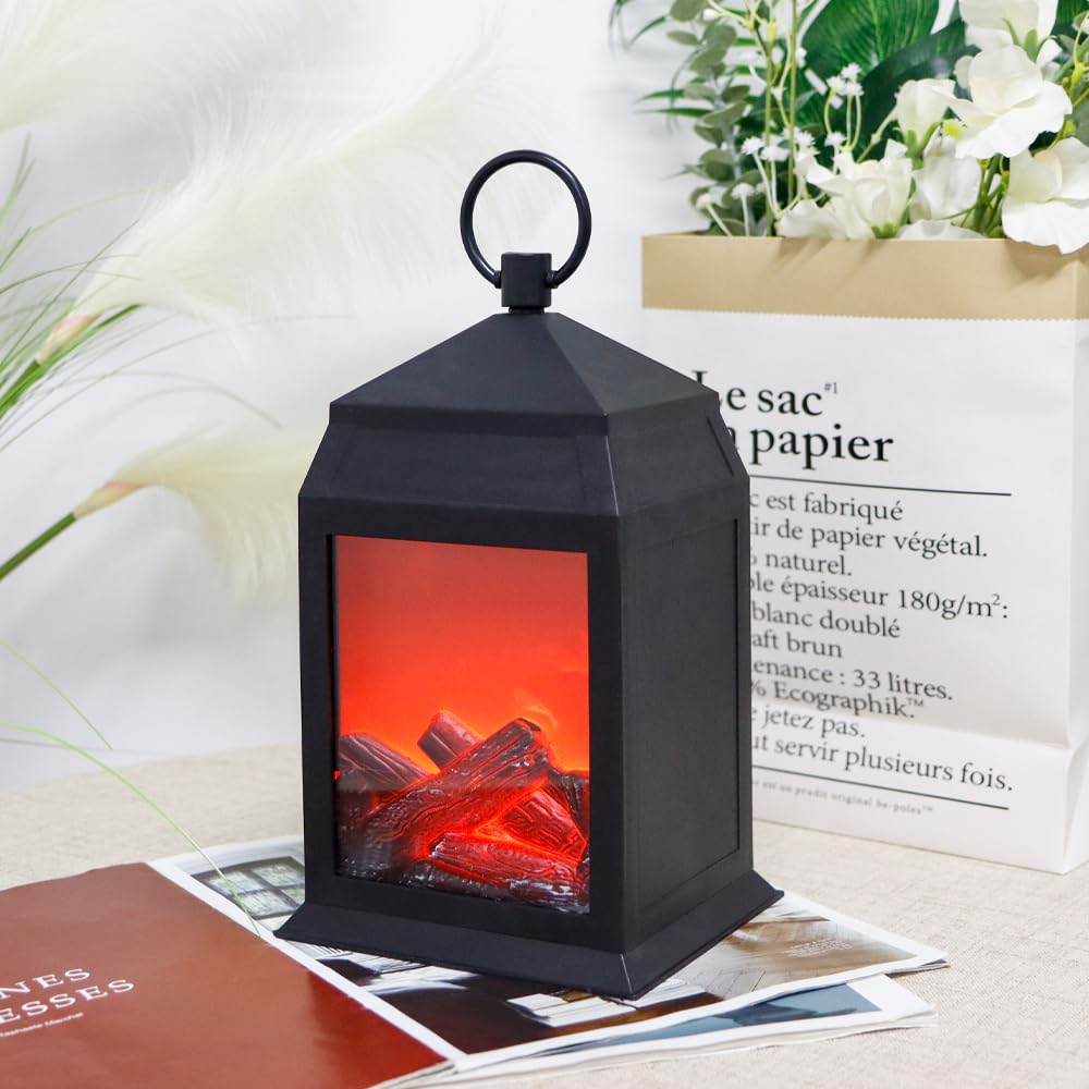 TRIROCKS Flameless Fireplace Lantern 12''High with 6 Hours Timer Portable Cordless Battery Operated Fire Place Lantern with LED Fake Flame Indoor Outdoor Fire Place Lamp for Christmas Halloween