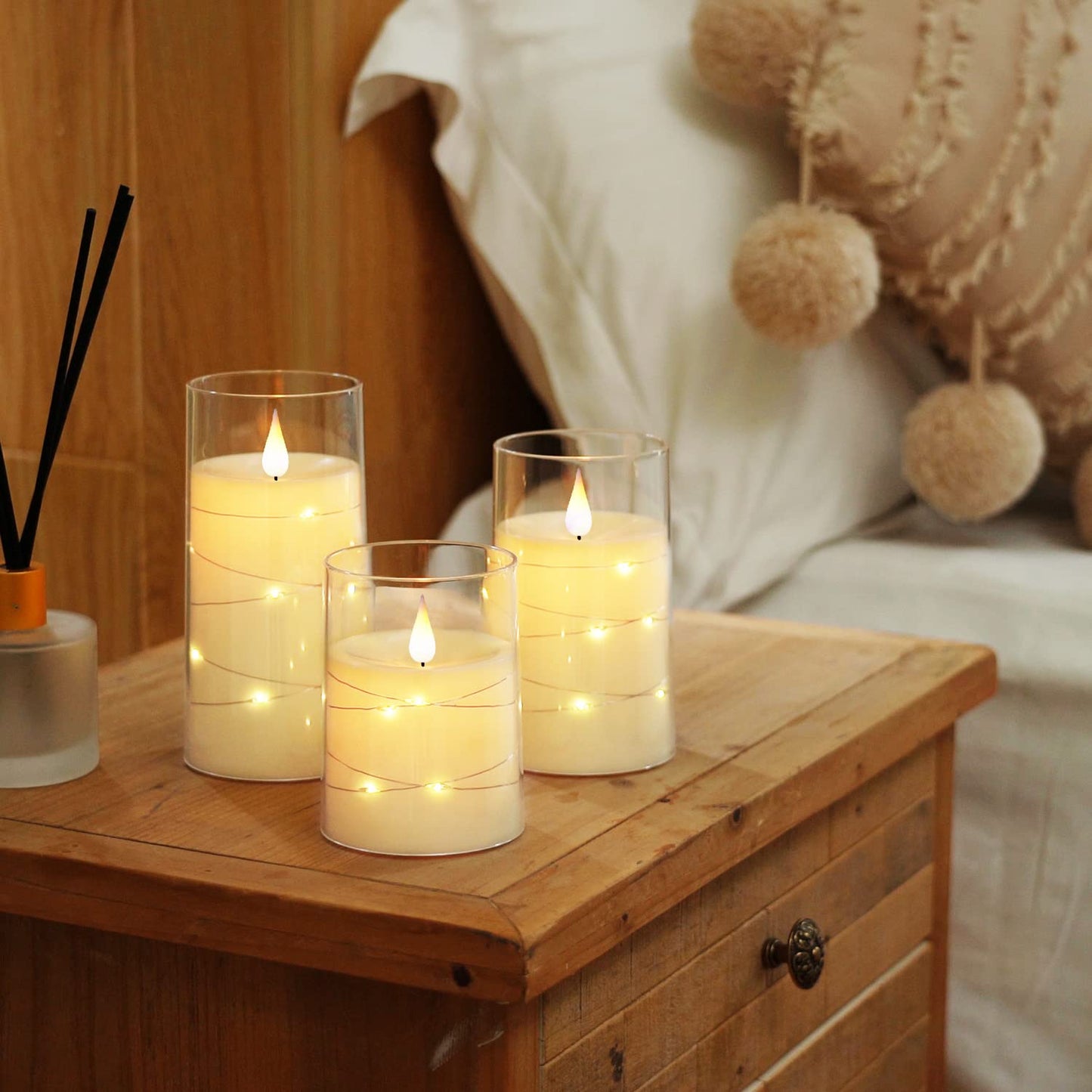 Homemory Flickering Flameless Candles with String Lights, Battery Operated, Embedded LED, Unbreakable Plexiglass with Remote, Set of 3, Ivory White