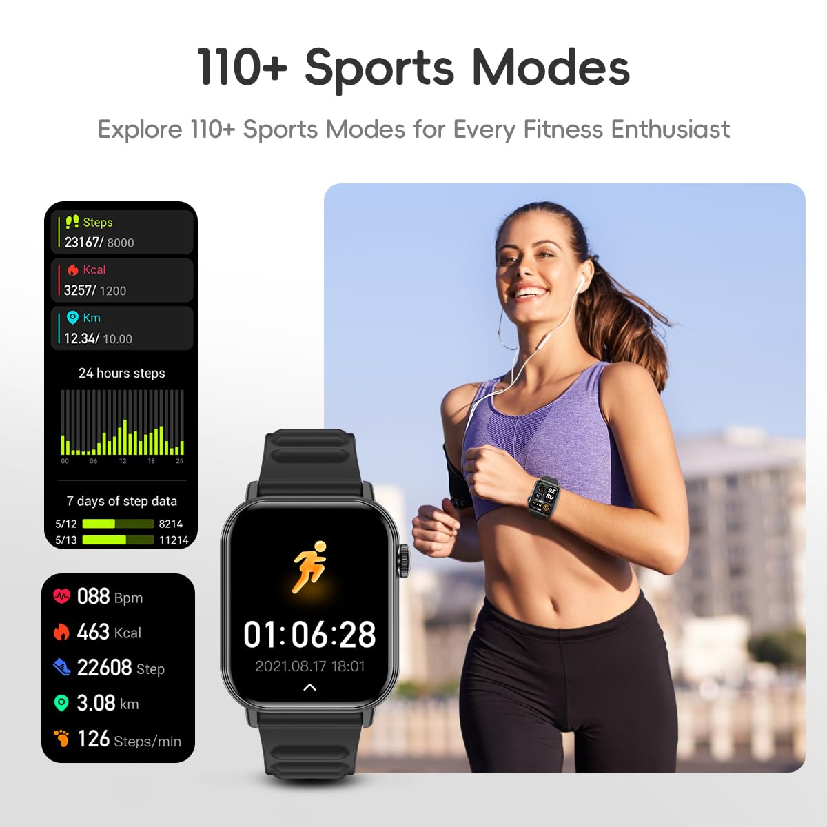 QTLLBT Smart Watch Sports Pedometer Fitness Tracker, Bluetooth Call Heart Rate/Blood Oxygen/Sleep Monitor, 100 Sports Modes Waterproof for iOS Android Men's Women's Smart Watch (Black)