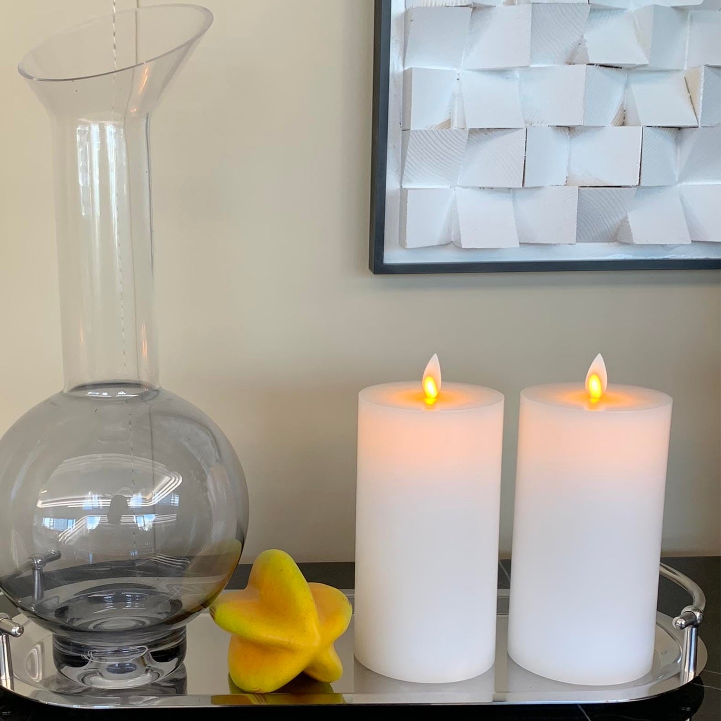 Jolnyus 3"x6" White Flameless Candles Set of 2 Flickering LED Candles Battery Operated with Remote Control Timers for Concert Fireplace Livingroom Party Dimmable Pillar Candles Flat top