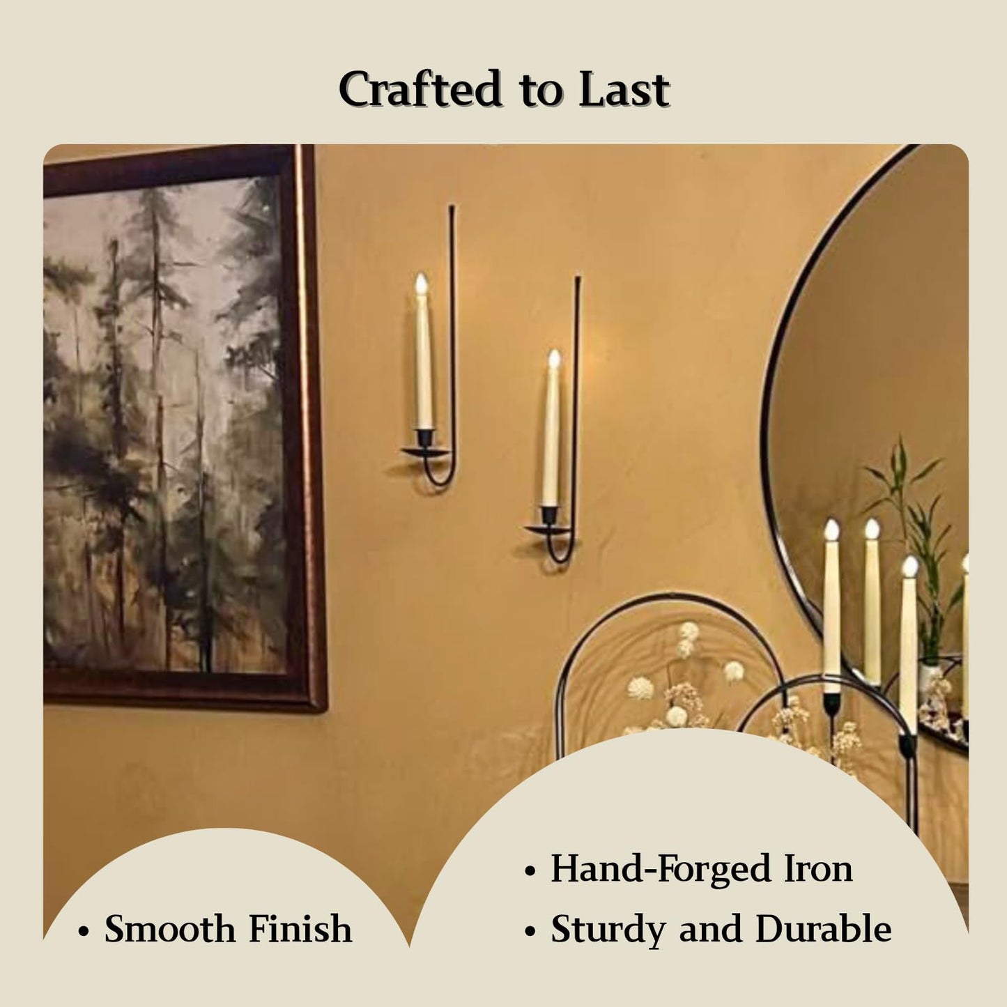 Wall Candle Holder Set of 2, Stylish Black Metal Wall Mount Candle Sconces, Modern Wall Decoration for Living Room, Farmhouse, Fireplace, and Weddings