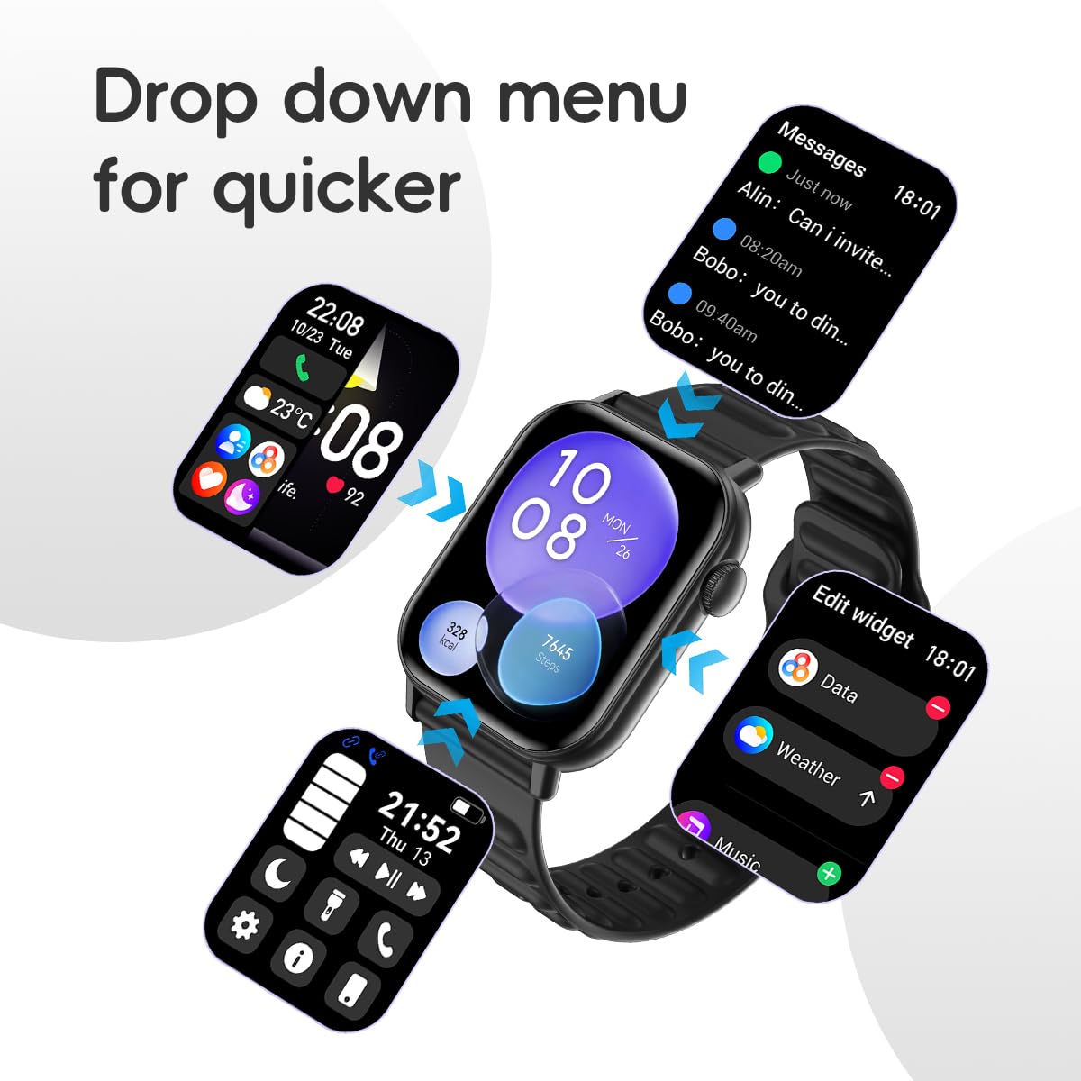 QTLLBT Smart Watch Sports Pedometer Fitness Tracker, Bluetooth Call Heart Rate/Blood Oxygen/Sleep Monitor, 100 Sports Modes Waterproof for iOS Android Men's Women's Smart Watch (Black)