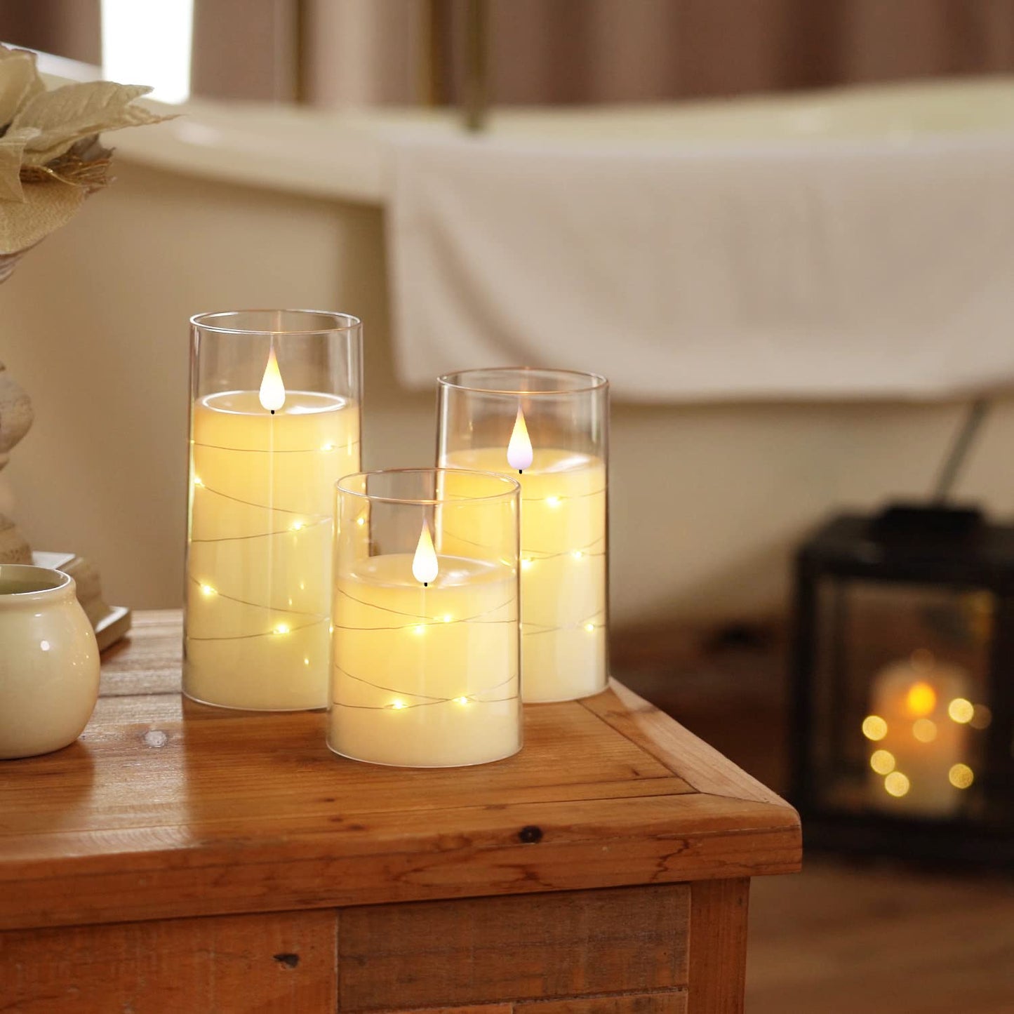 Homemory Flickering Flameless Candles with String Lights, Battery Operated, Embedded LED, Unbreakable Plexiglass with Remote, Set of 3, Ivory White