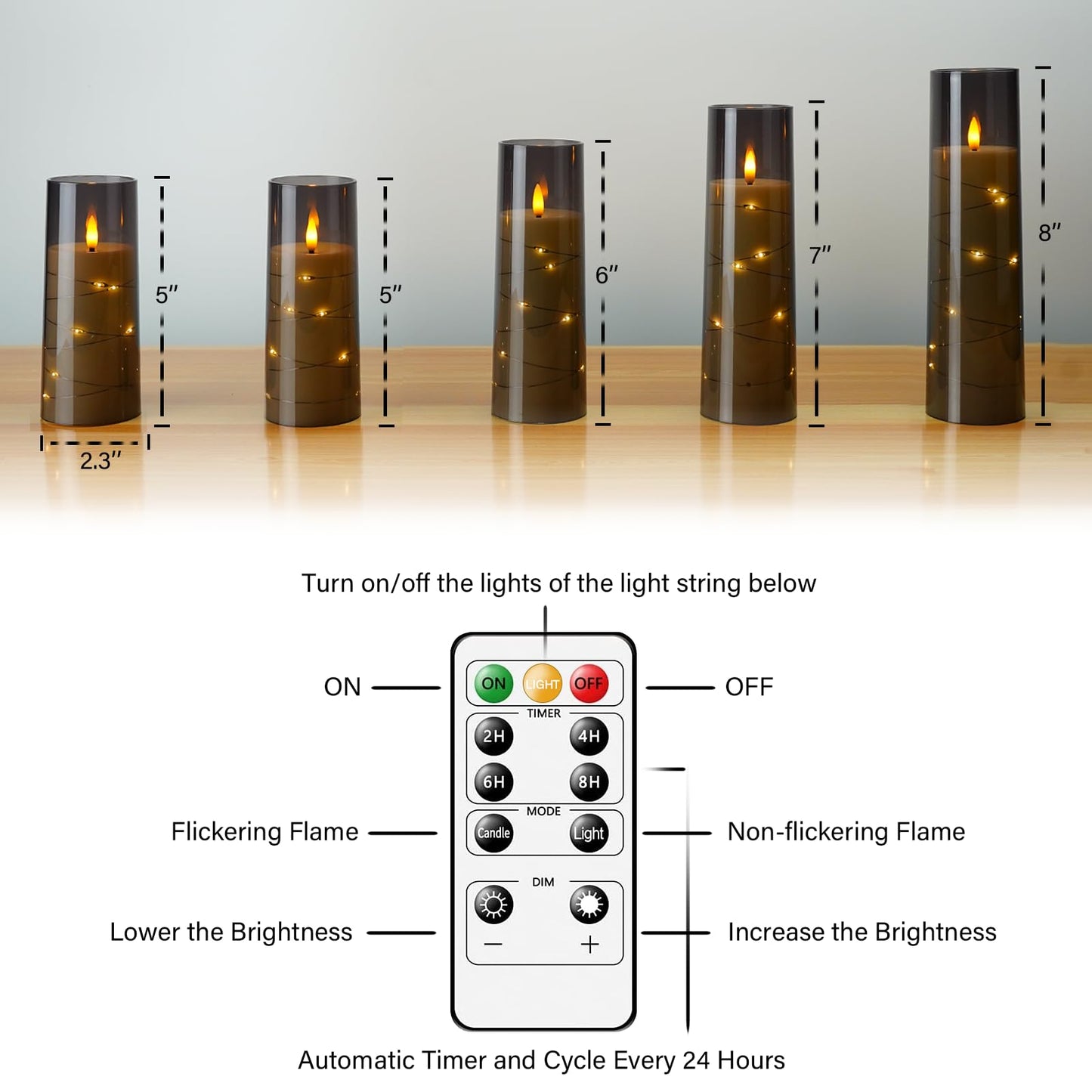 kakoya Flameless LED Candles with Timer 5 Pc Flickering Flameless Candles for Romantic Ambiance and Home Decoration Stable Acrylic Shell,with Embedded Star String,Battery Operated Candles(Grey)