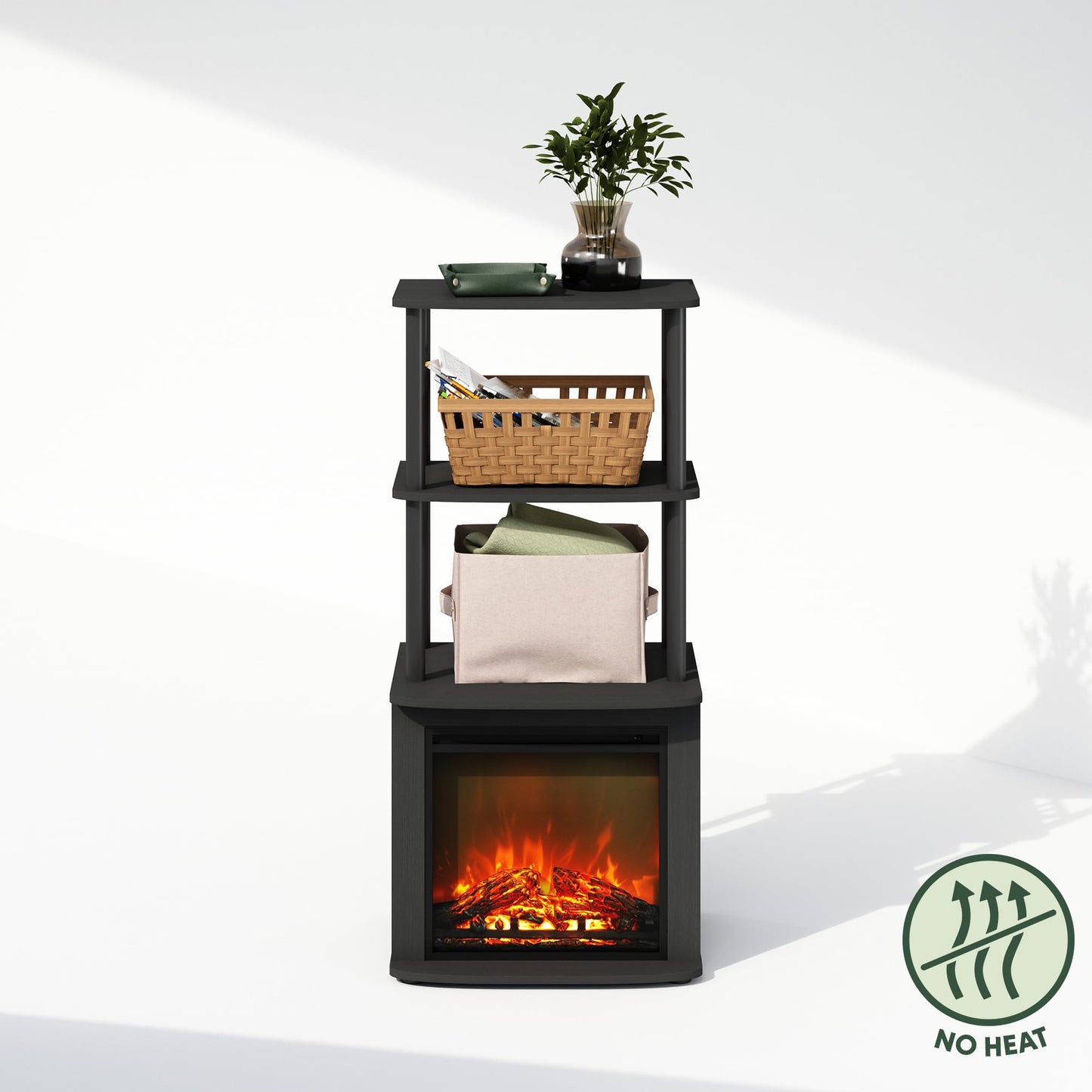 Furinno Turn-N-Tube 2-Tier Tall Side Table Display Rack with No Heat Decorative Electric Fireplace Insert, Americano/Black