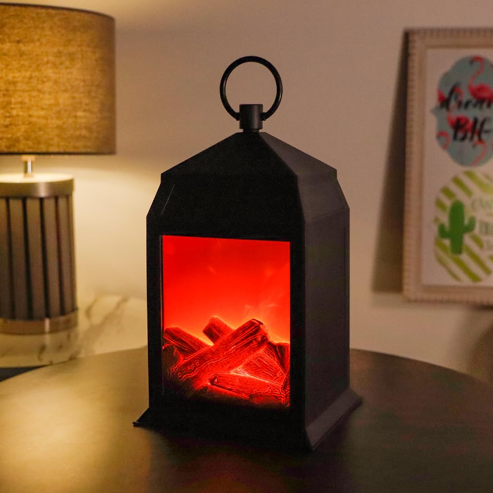 TRIROCKS Flameless Fireplace Lantern 12''High with 6 Hours Timer Portable Cordless Battery Operated Fire Place Lantern with LED Fake Flame Indoor Outdoor Fire Place Lamp for Christmas Halloween