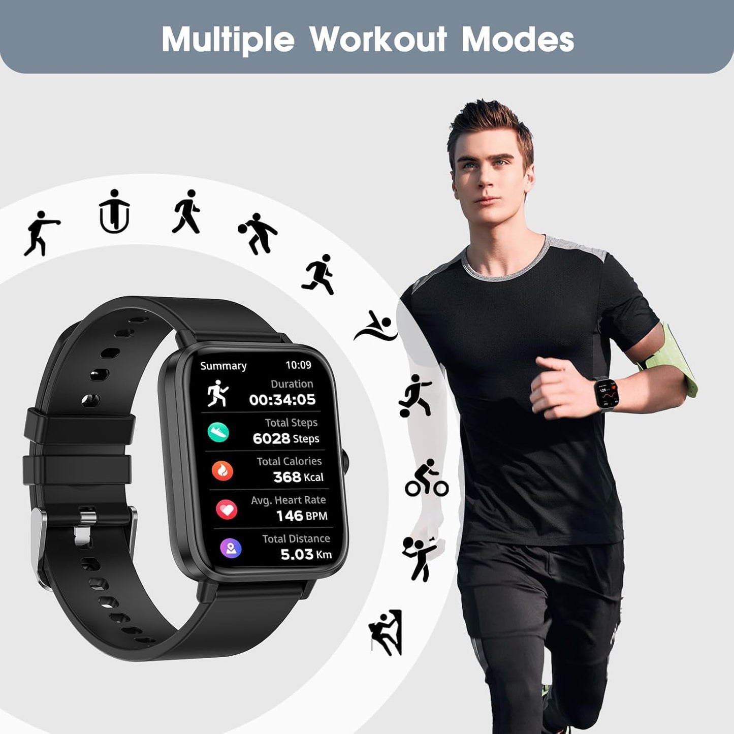 FTTMWTAG Smart Watch (Answer/Make Call): 1.85" Waterproof Fitness Trackers with 24-Hours Blood Pressure Heart Rate SpO2 Sleep Monitor Watches for Men Women, iPhone Android Compatible (Stone Black)