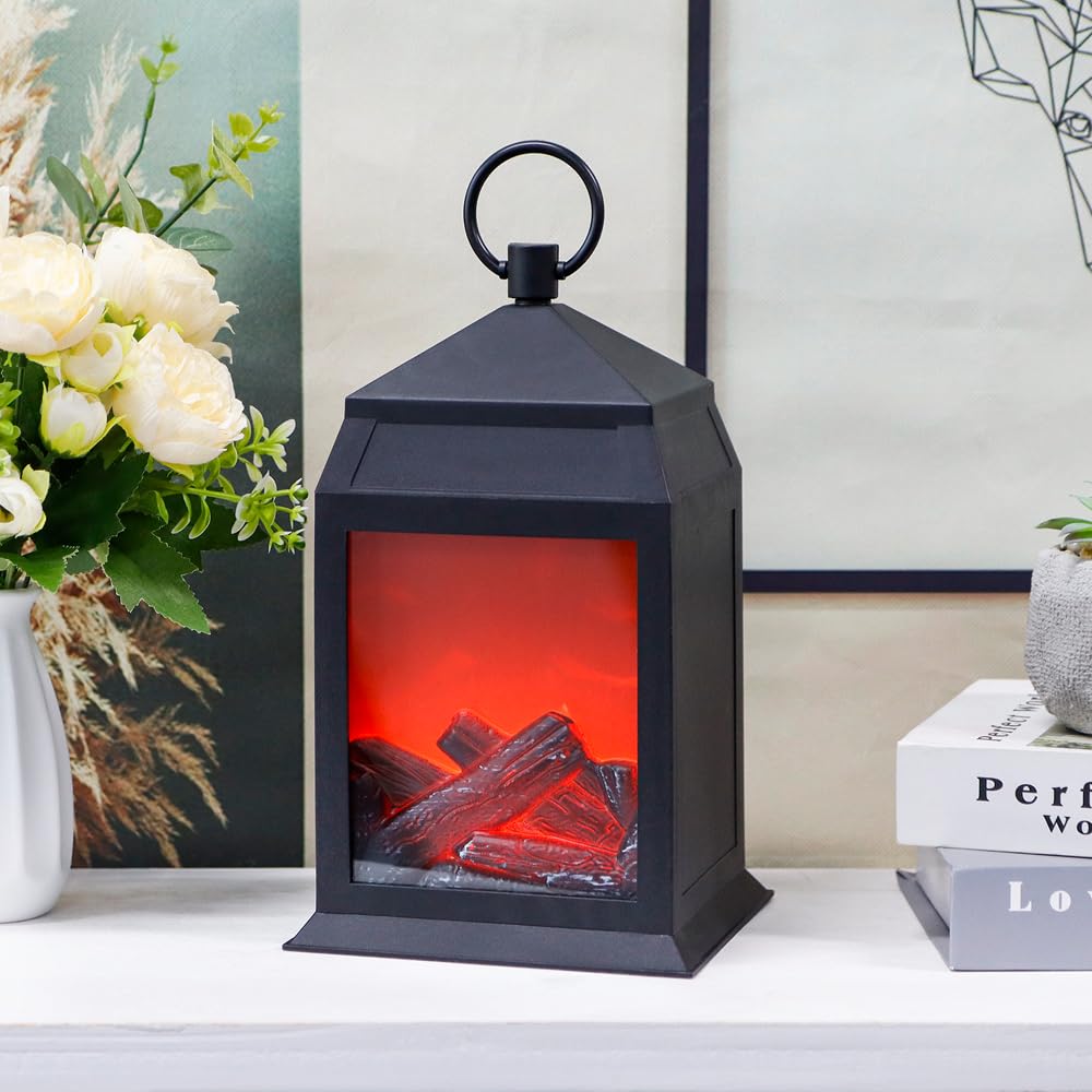TRIROCKS Flameless Fireplace Lantern 12''High with 6 Hours Timer Portable Cordless Battery Operated Fire Place Lantern with LED Fake Flame Indoor Outdoor Fire Place Lamp for Christmas Halloween
