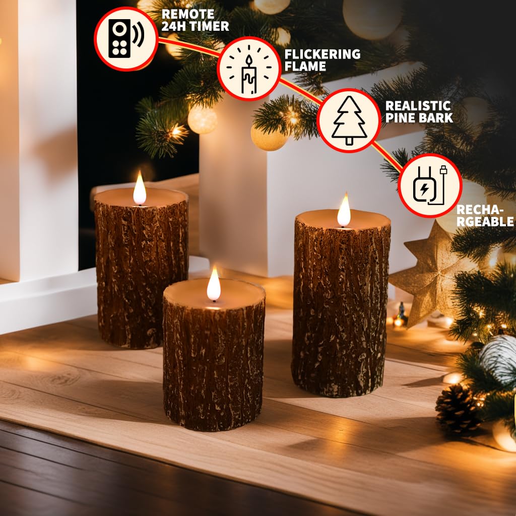 NICEME Rechargeable LED Pine Bark Flameless Candles with Timer Remote USB Cable, Brown Real Wax USB Candles Flickering Fireplace Cabin Decor Electric Fake Battery Pillar Bark Candles, D 3”×H 4”5”6”