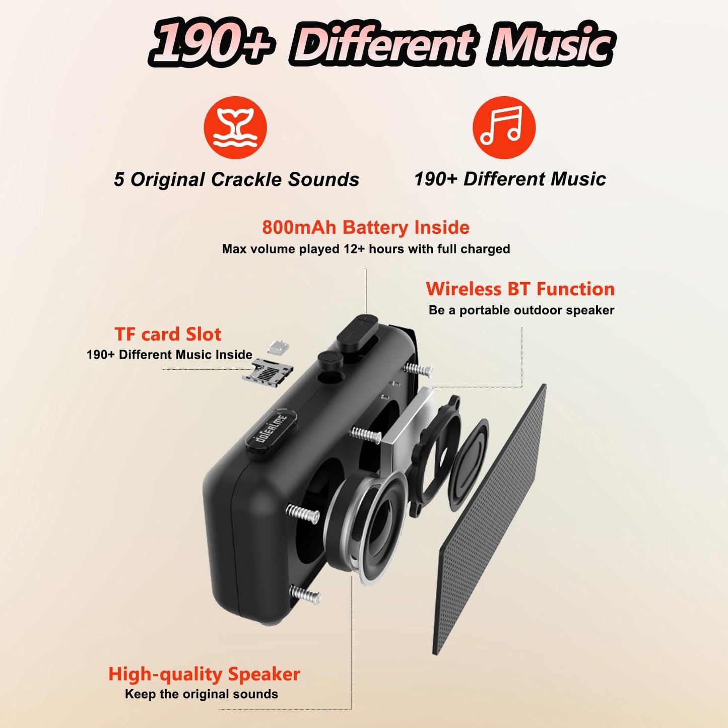 Roamoris 190+Different Music,Electric Fireplaces Crackler Sound Box,Fire Crackling Speaker Machine,Rechargeable Portable Sound Box for,White Noise