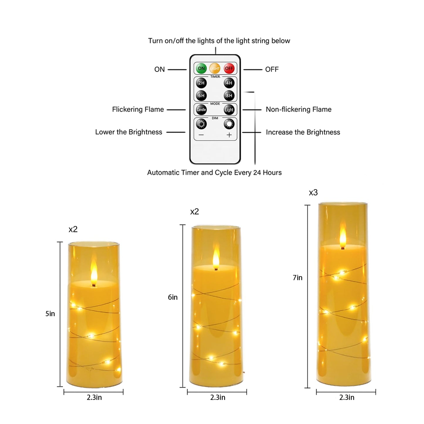 Flameless Candles,with Embedded Star String, Battery Operated Candles Flickering LED Pillar Candles with Remote Control and Timer, Home Decoration Add a Warm and Romantic Atmosphere,Set of 7 (Gold)