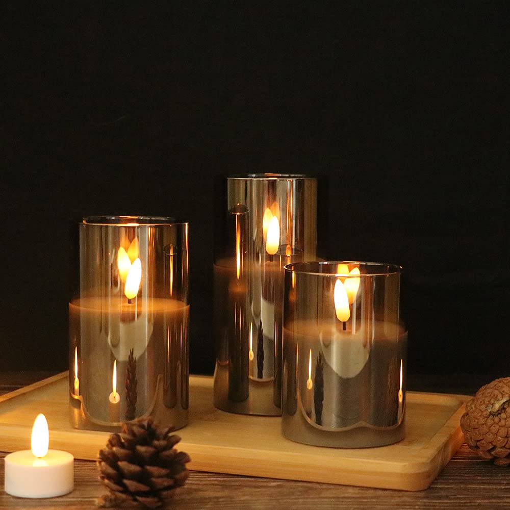 GenSwin Glass Flameless Candles with Remote Battery Operated Flickering LED Pillar Candles Real Wax 3D Wick for Wedding Festival Home Decoration(Gray,Pack of 3)