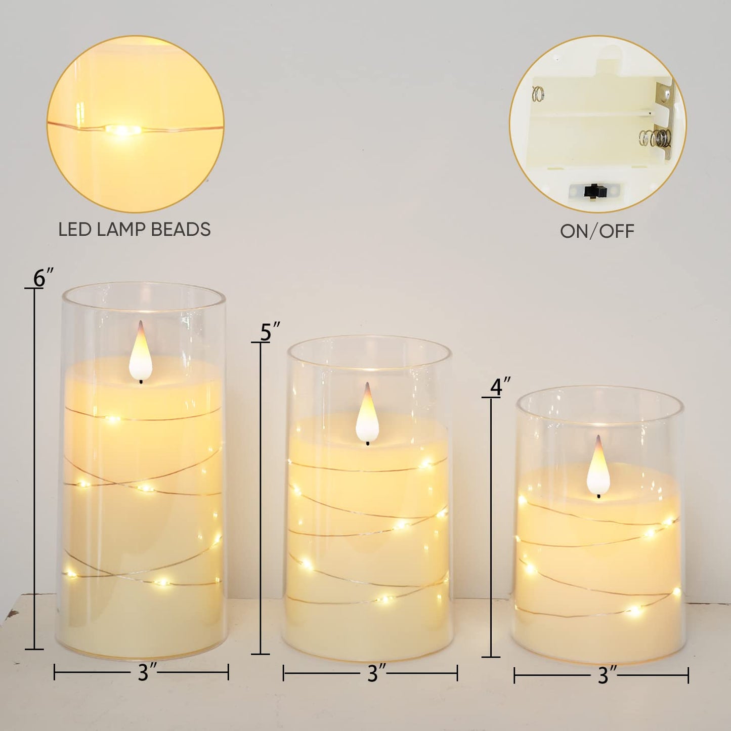 Homemory Flickering Flameless Candles with String Lights, Battery Operated, Embedded LED, Unbreakable Plexiglass with Remote, Set of 3, Ivory White