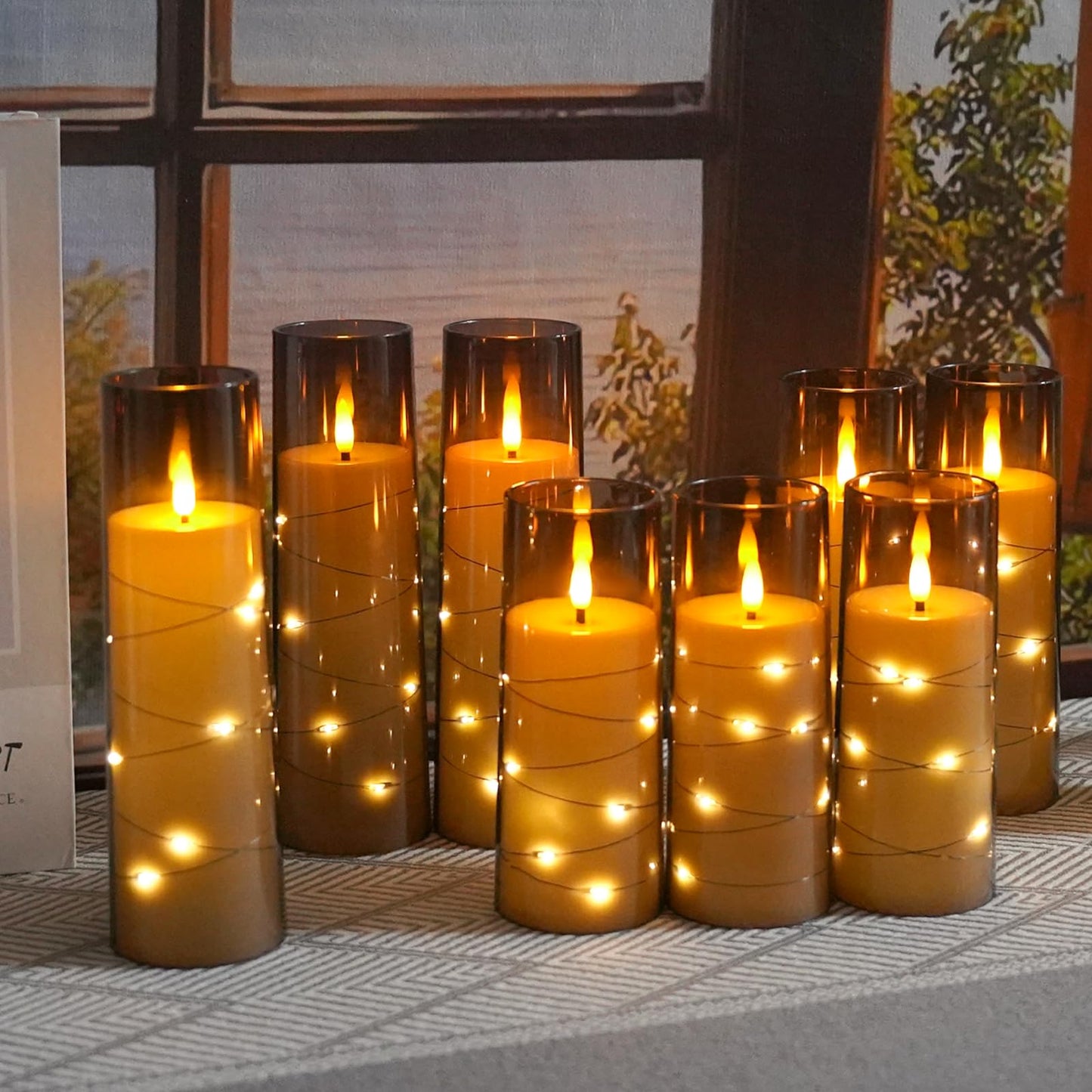 kakoya Flameless LED Candles with Timer 9 Pc Flickering Flameless Candles for Romantic Ambiance and Home Decoration Stable Acrylic Shell,with Embedded Star String,Battery Operated Candles(Grey)