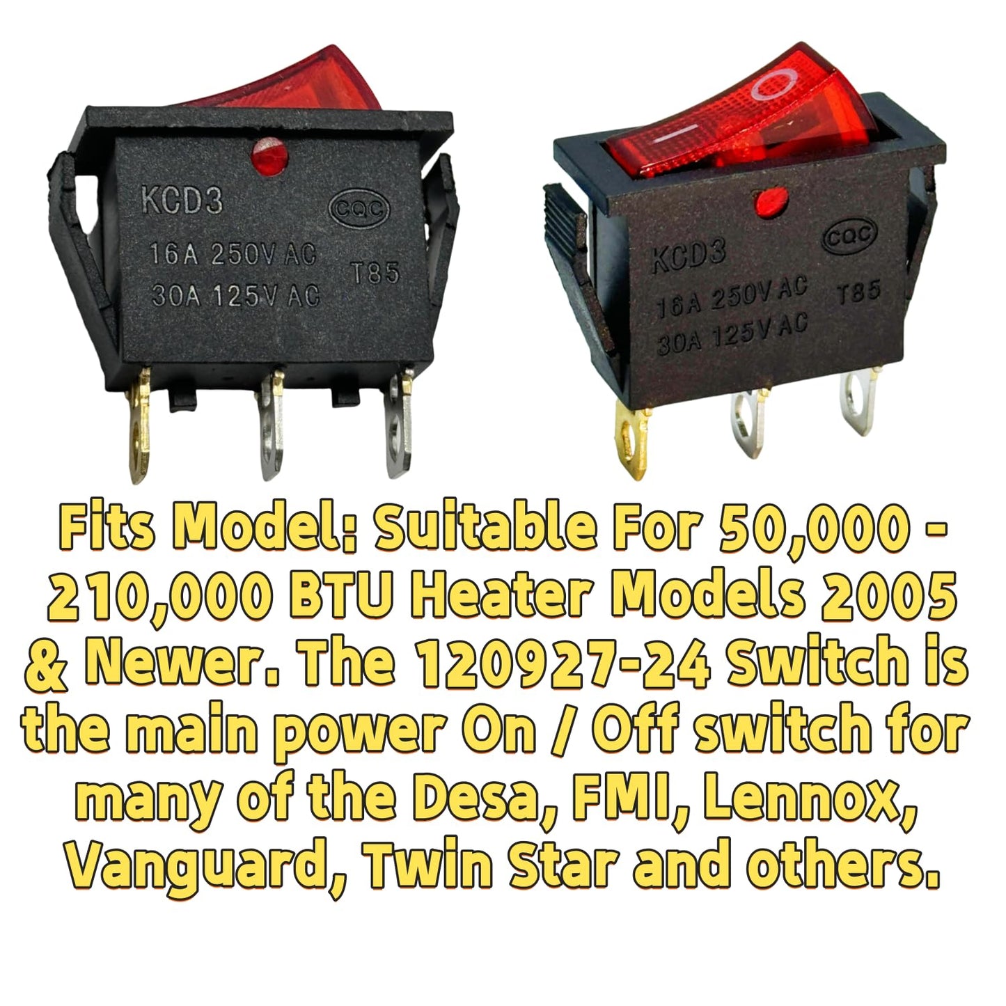 120927-24 120 Volt Lighted On Off Rocker Switch with 3 Prong Plug Replacement for FMI Desa Electric Fireplaces 28785 29-159-1 DRH-1215 1E4 T125 DRH1215 1E4T125 (4-Pack)
