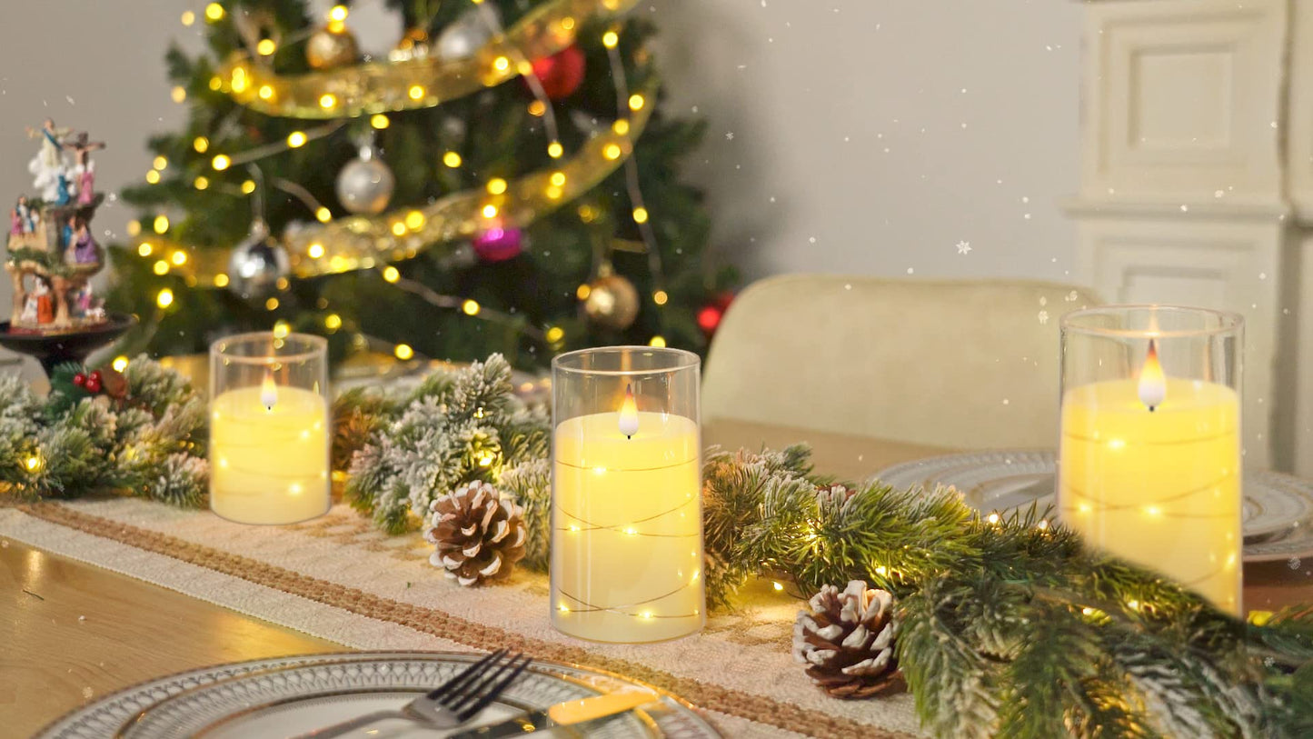 Homemory Flickering Flameless Candles with String Lights, Battery Operated, Embedded LED, Unbreakable Plexiglass with Remote, Set of 3, Ivory White