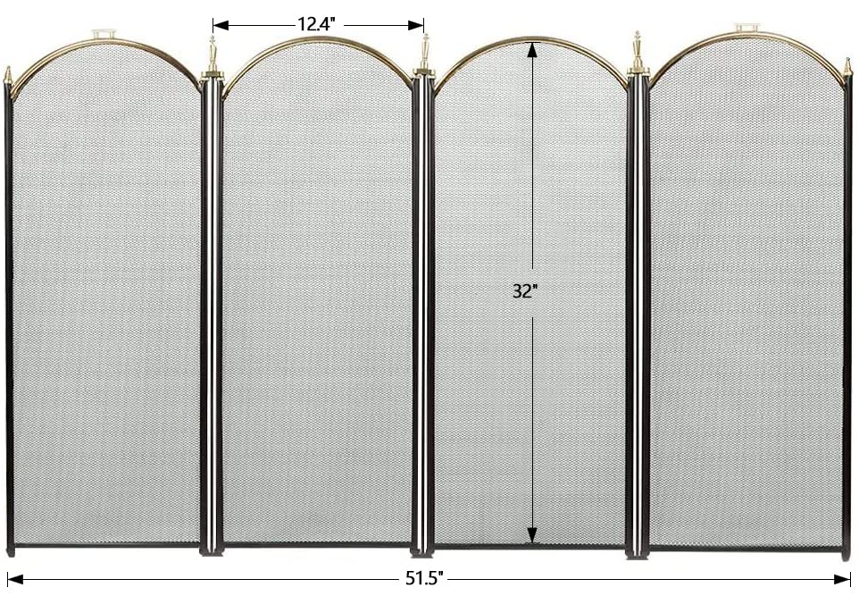 AMAGABELI GARDEN & HOME Decorative Gold Fireplace Screen 4 Panel Folding Ornate Wrought Iron Black Metal Fire Place Free Standing Gate Large Mesh Solid Steel Spark Guard Cover Outdoor Accessories