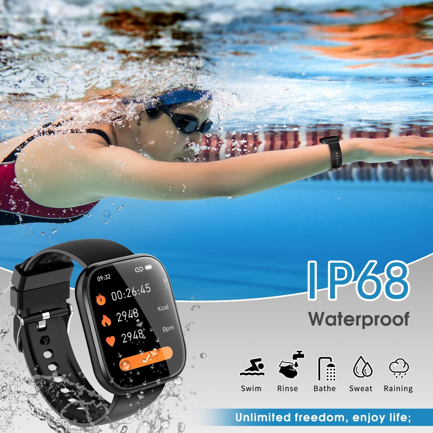Smart Watch for Men Women Bluetooth Call, 1.85" HD Touch Screen Fitness Watch with Sleep Heart Rate Monitor, 112+ Sports Modes, IP68 Waterproof Activity Trackers for Android iOS, Black