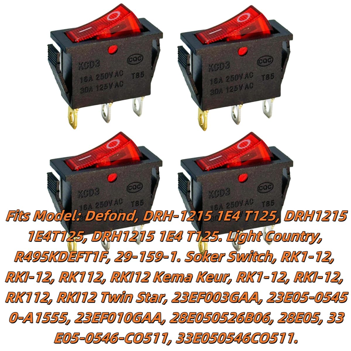 120927-24 120 Volt Lighted On Off Rocker Switch with 3 Prong Plug Replacement for FMI Desa Electric Fireplaces 28785 29-159-1 DRH-1215 1E4 T125 DRH1215 1E4T125 (4-Pack)