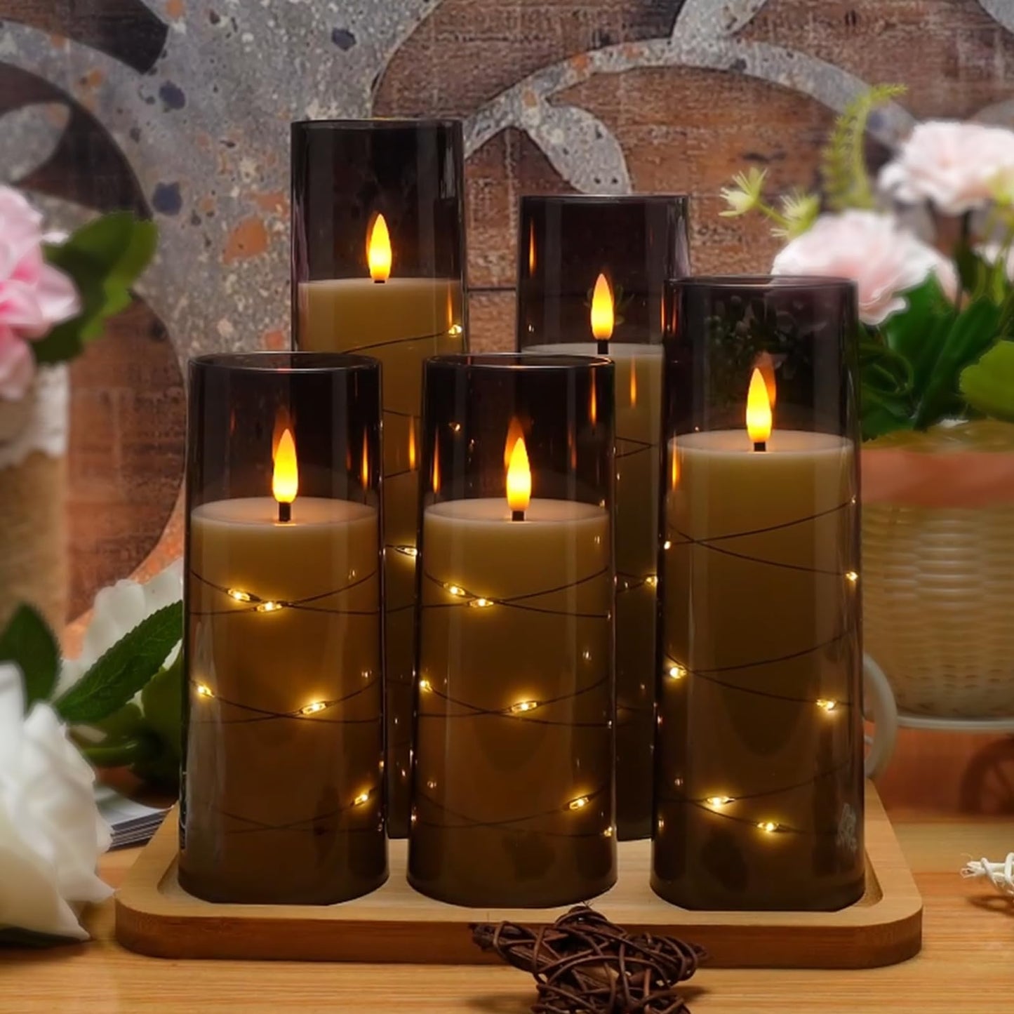 kakoya Flameless LED Candles with Timer 5 Pc Flickering Flameless Candles for Romantic Ambiance and Home Decoration Stable Acrylic Shell,with Embedded Star String,Battery Operated Candles(Grey)