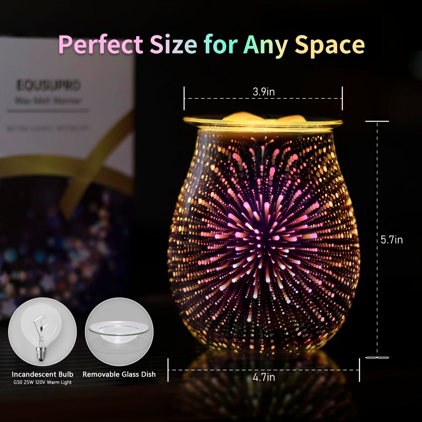 EQUSUPRO 3D Glass Electric Wax Melts Warmer Wax Burner Melter Fragrance Warmer for Home Office Bedroom Living Room Gifts & Decor (3D Fireworks)
