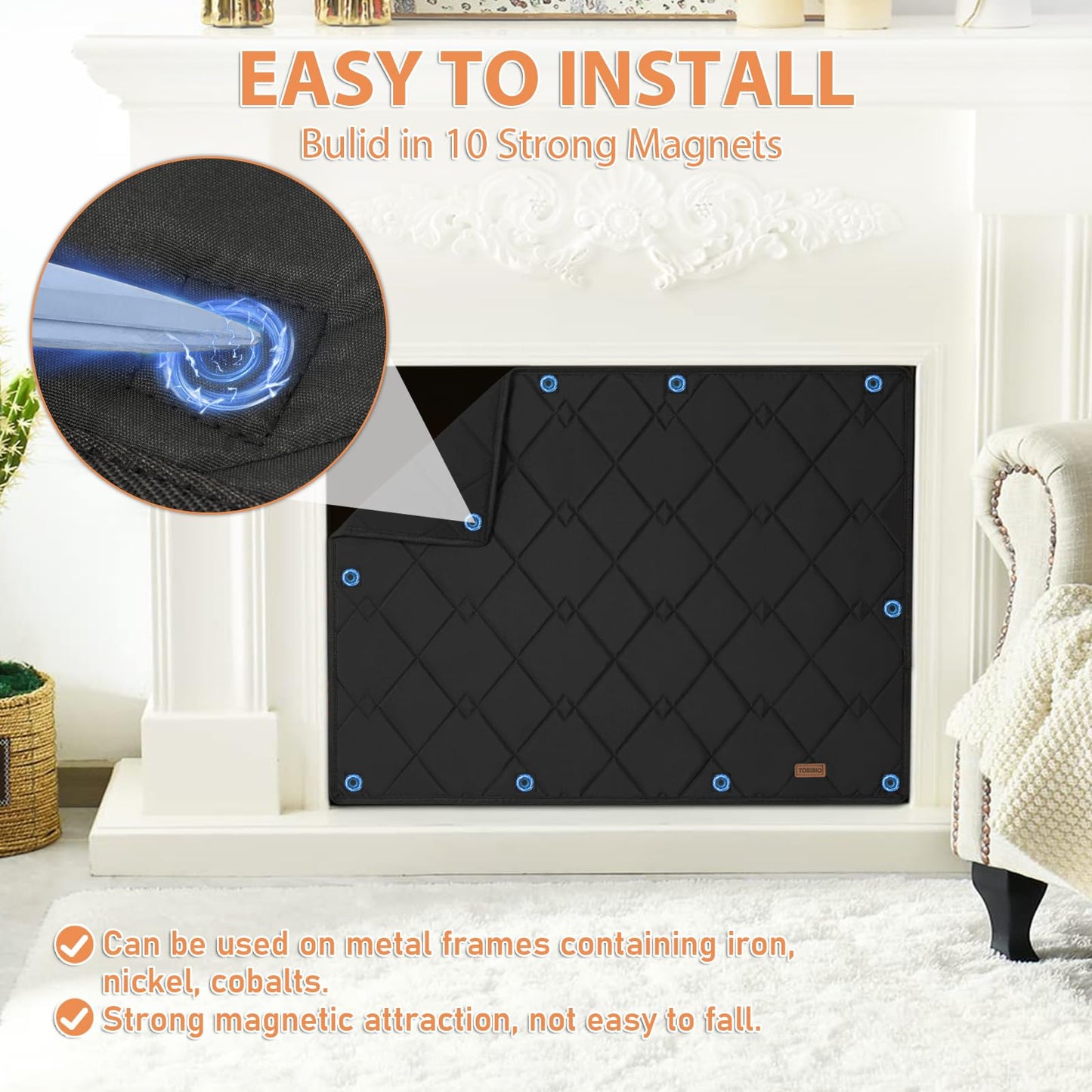 Magnetic Fireplace Cover for Winter, Insulation Fireplace Blanket for Heat Loss with 10 Magnets, Magnetic Fireplace Draft Stopper for Iron Fireplace Frames and Screens, 38" x 26"(Inner Size 34"x22")