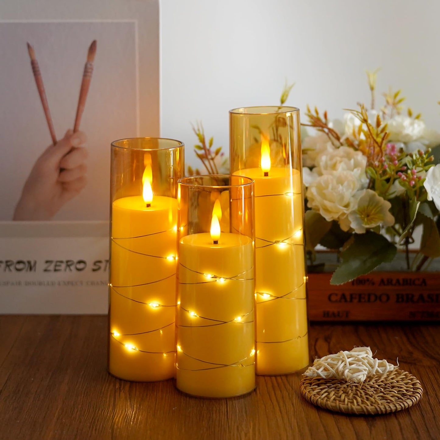 Flameless Candles,with Embedded Star String, Battery Operated Candles Flickering LED Pillar Candles with Remote Control and Timer, Home Decoration Add a Warm and Romantic Atmosphere,Set of 7 (Gold)