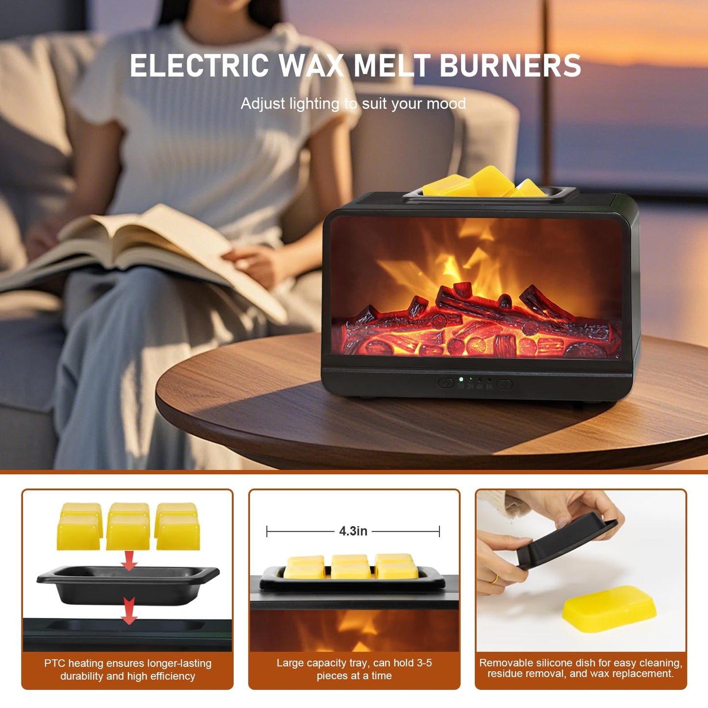 EQUSUPRO Wax Melt Warmer Electric Burner - Flame Fireplace Candle Wax Warmer, Wax Melter for Scented Wax with 4 Timer, Dynamic Flame Fragrance Wax Cubes Oil Warmer Gift & Decor for Home Office Studio