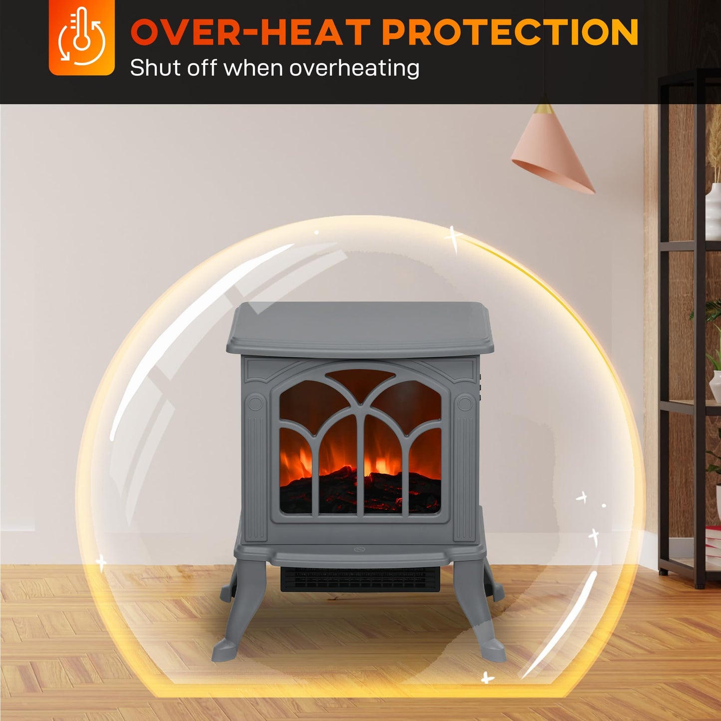HOMCOM 17" Freestanding Electric Fireplace Stove, Fire Place Heater with Realistic Logs and Flame Effect and Overheat Protection, 750W/1500W, Gray