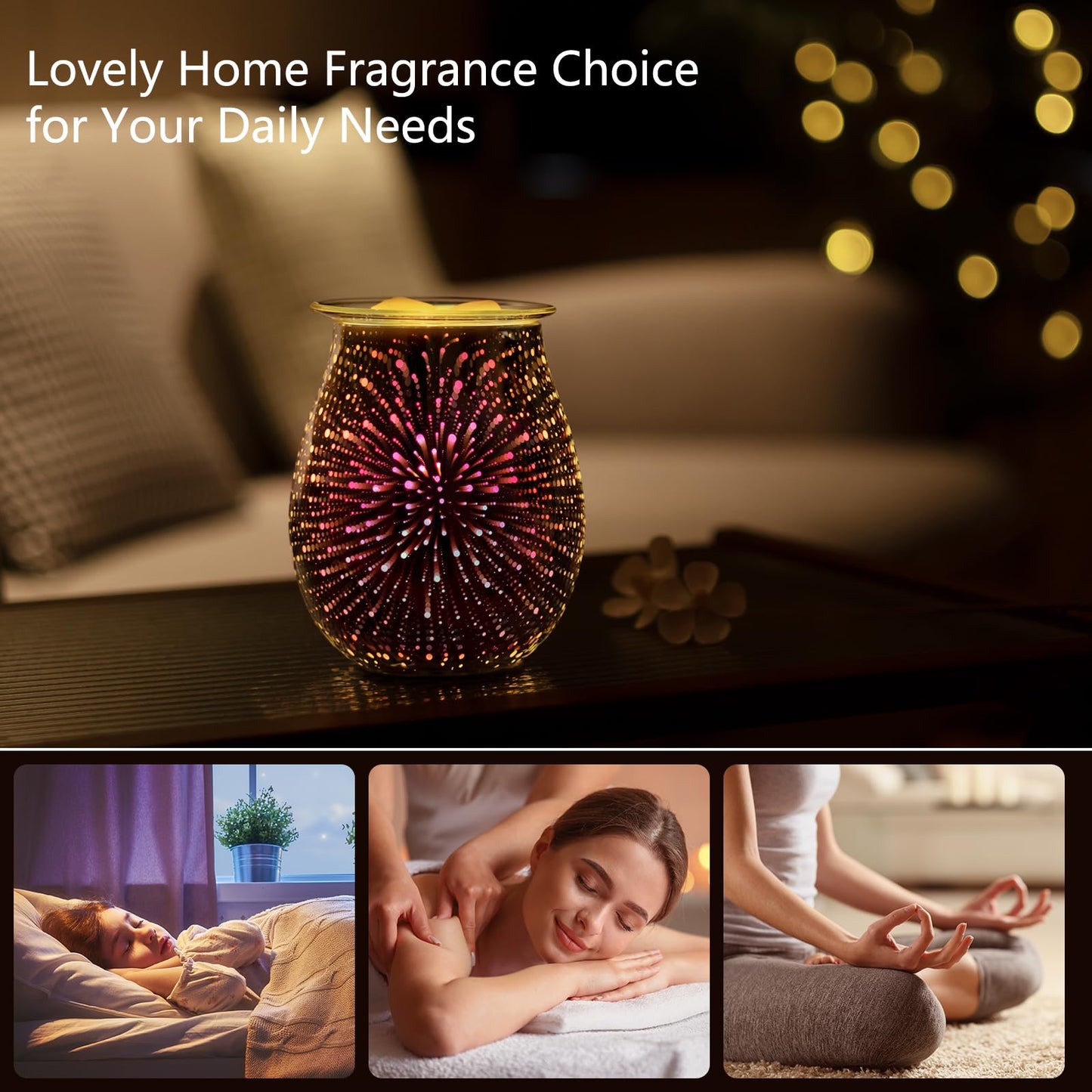 EQUSUPRO 3D Glass Electric Wax Melts Warmer Wax Burner Melter Fragrance Warmer for Home Office Bedroom Living Room Gifts & Decor (3D Fireworks)