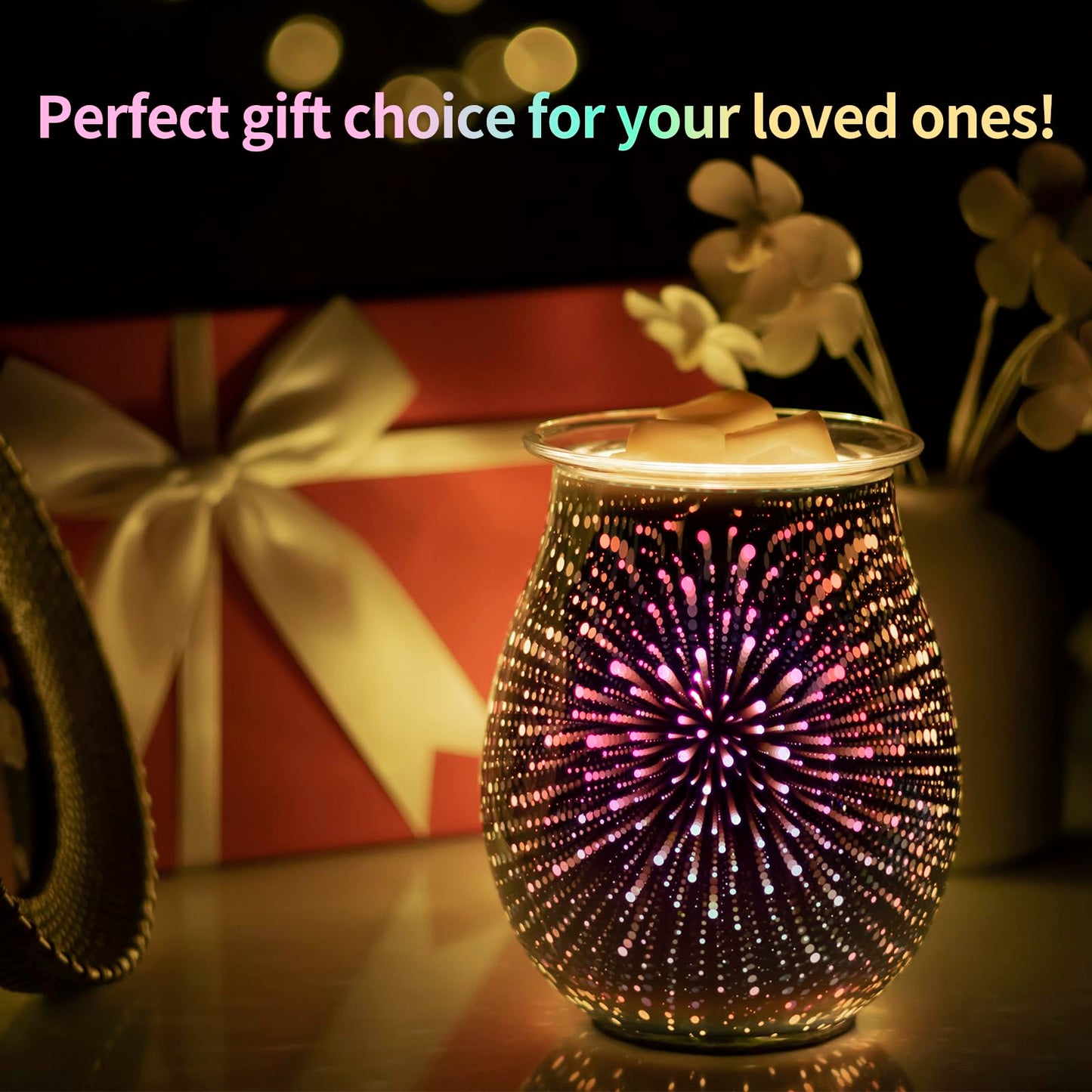 EQUSUPRO 3D Glass Electric Wax Melts Warmer Wax Burner Melter Fragrance Warmer for Home Office Bedroom Living Room Gifts & Decor (3D Fireworks)