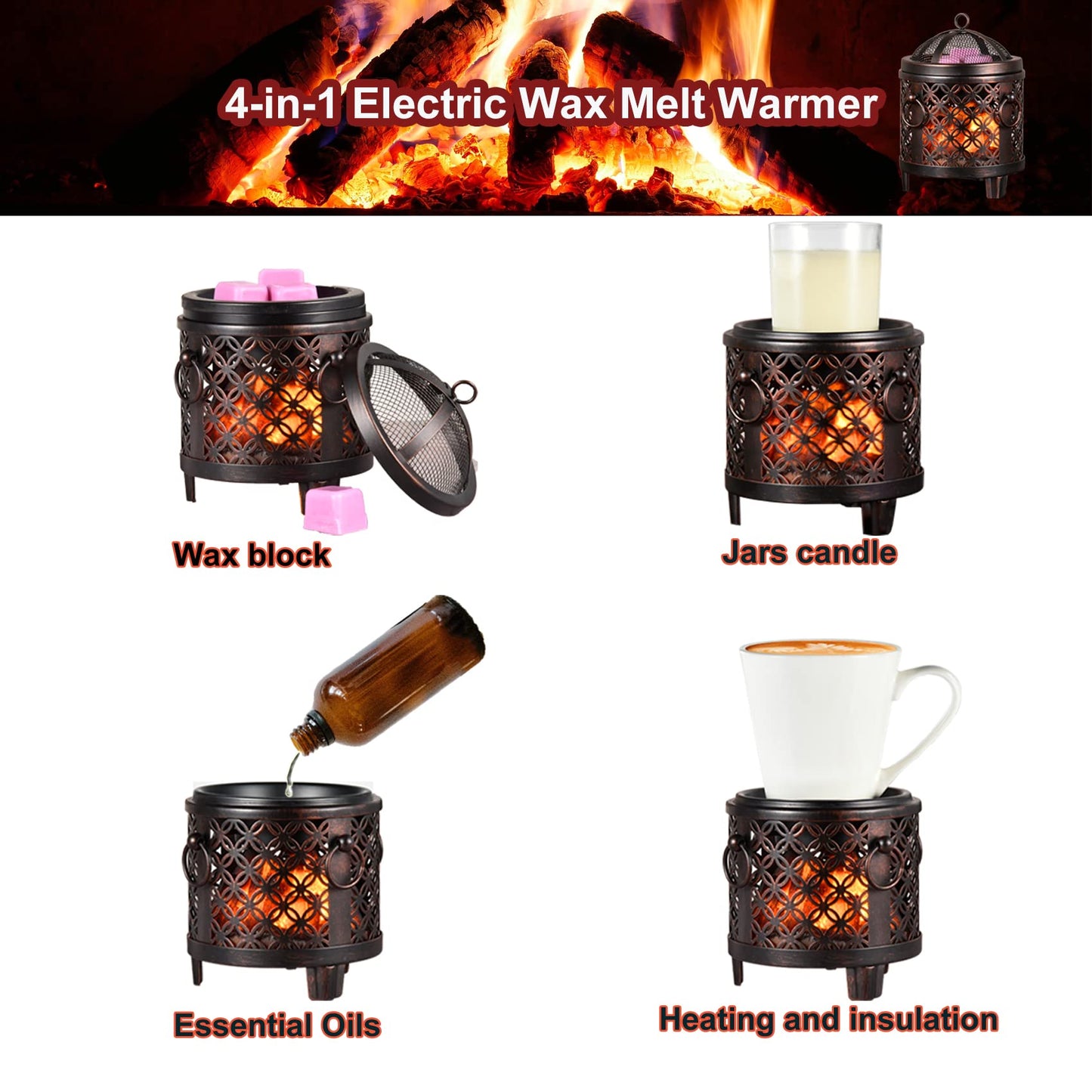 Lovelylly Wax Melt Warmer,4-in-1 Fireplace Wax Warmer,Scentsy Wax Warmer for Scented Wax Cubes and Tarts or Fragrance Oils,Wax Burner for Home Office Bedroom Aromatherapy Presents& Décor(Copper Coin)