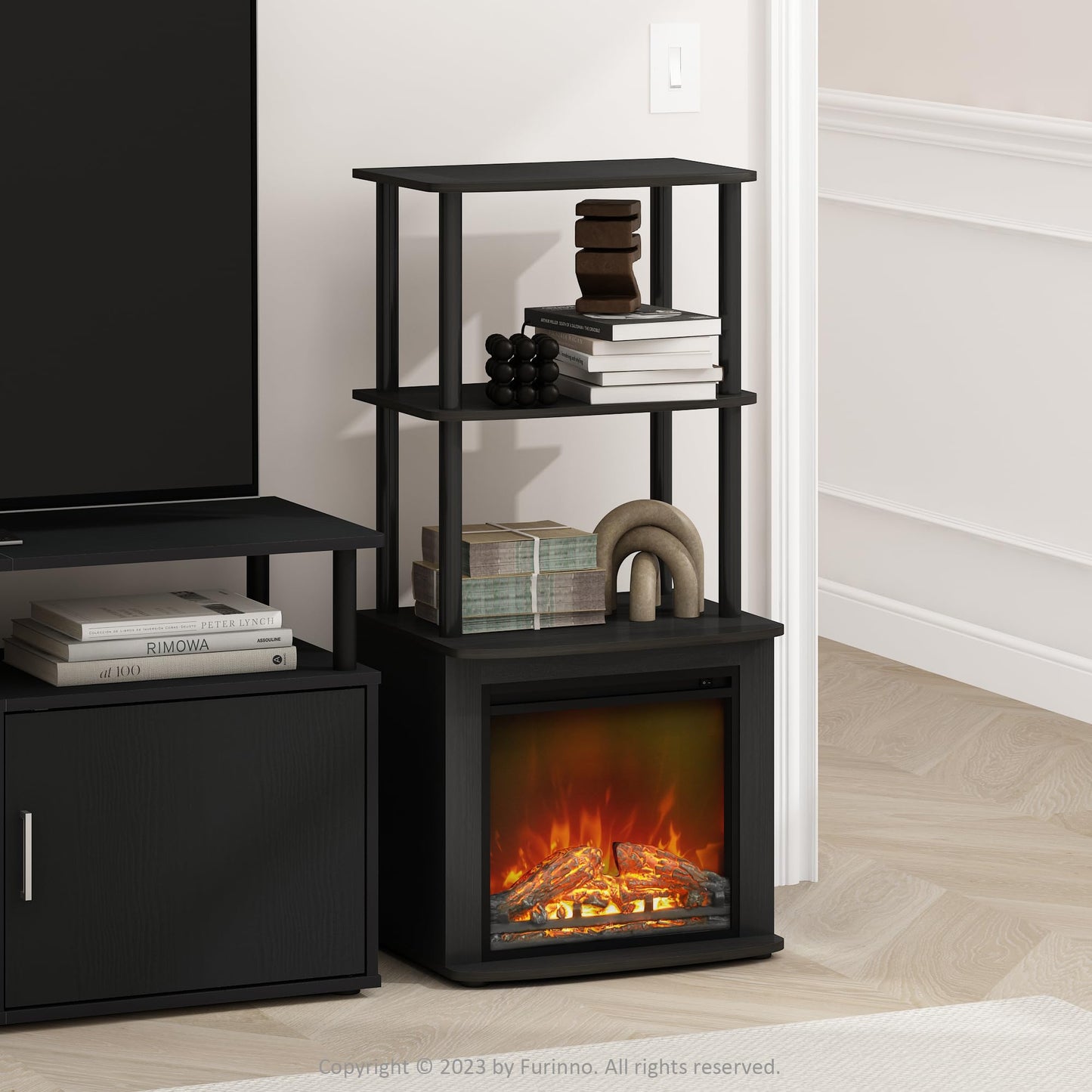 Furinno Turn-N-Tube 2-Tier Tall Side Table Display Rack with No Heat Decorative Electric Fireplace Insert, Americano/Black