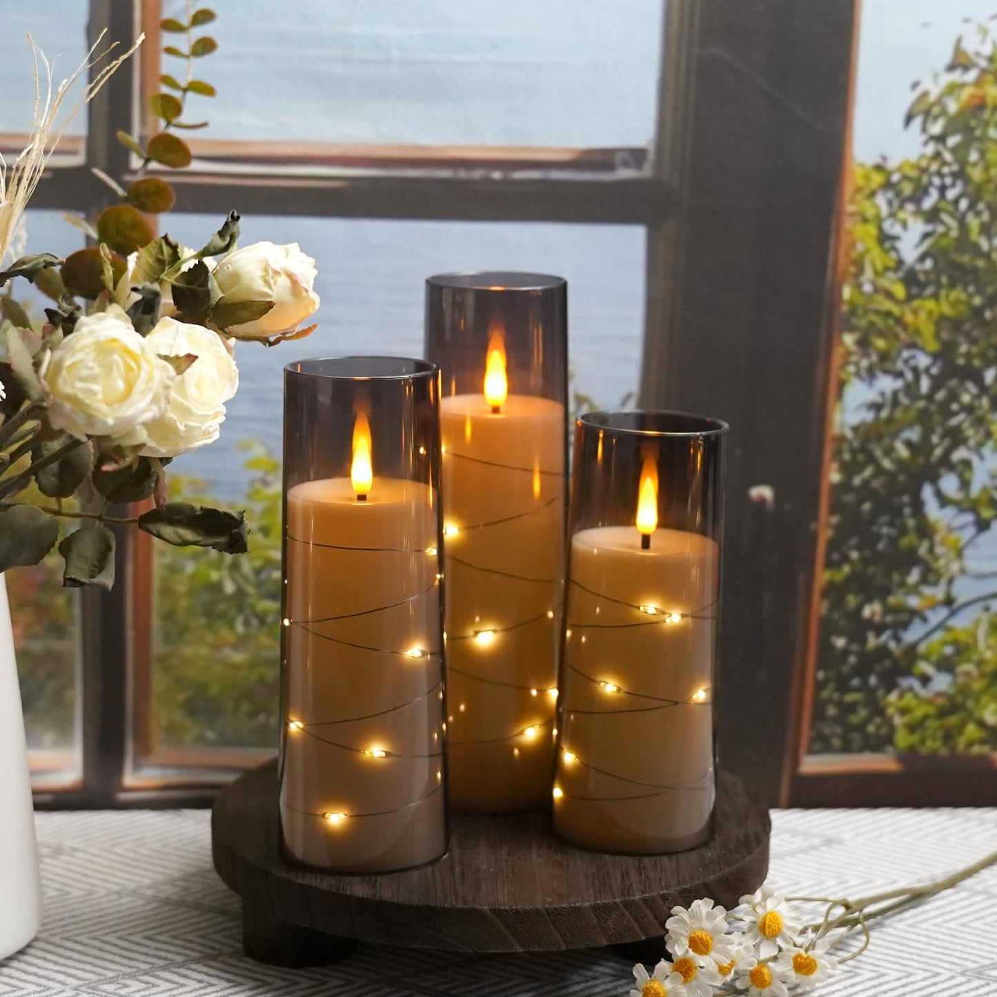 kakoya Flameless LED Candles with Timer 9 Pc Flickering Flameless Candles for Romantic Ambiance and Home Decoration Stable Acrylic Shell,with Embedded Star String,Battery Operated Candles(Grey)