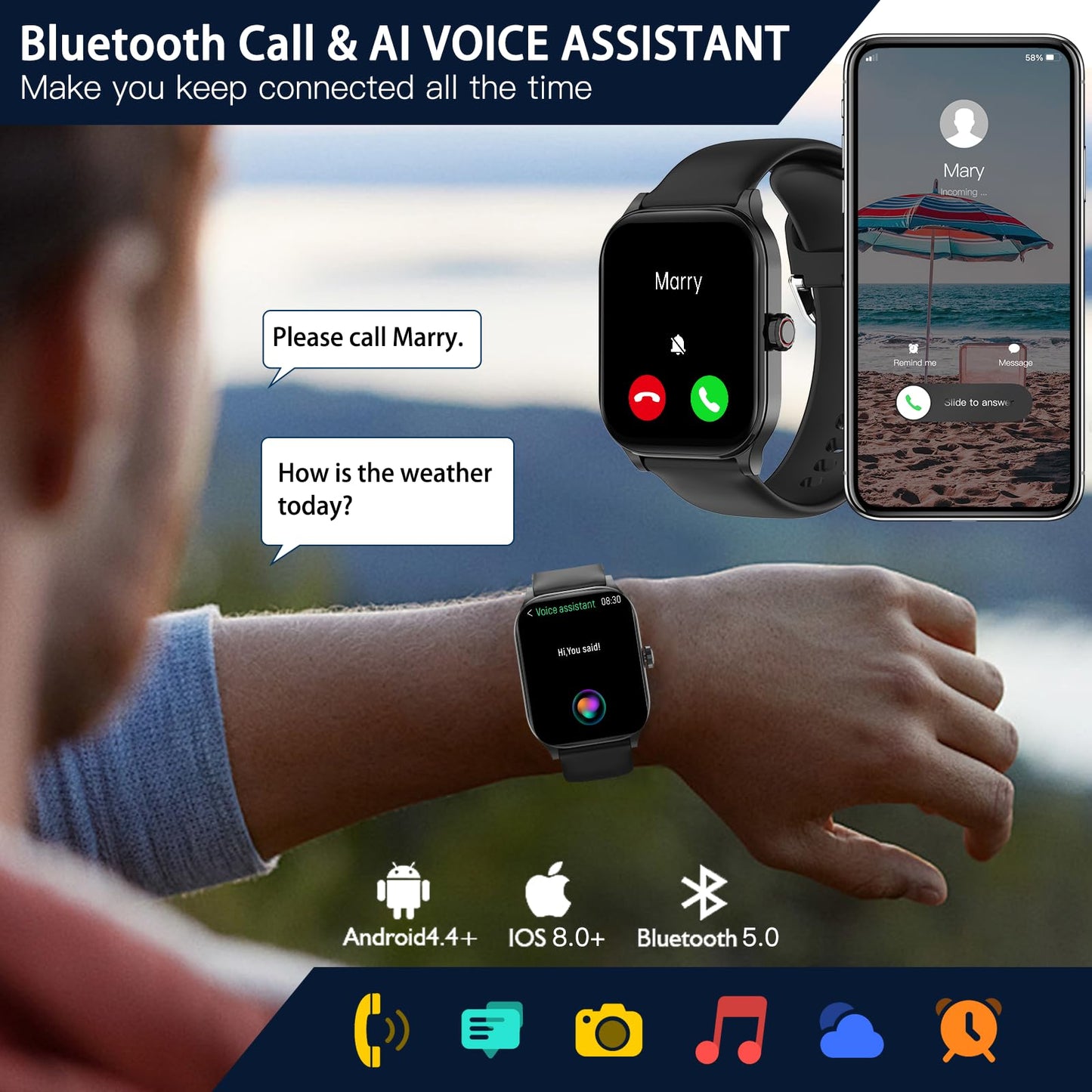 Smart Watch for Men Women(Answer/Make Call), Smartwatches with Heart Rate/SpO2/Sleep/Stress Monitor, IP68 Waterproof, 100+ Sports Mode Fitness Tracker, Compatible with Android and iPhone(Black, 2.01")