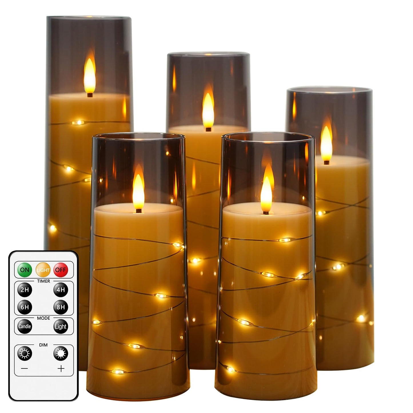 kakoya Flameless LED Candles with Timer 5 Pc Flickering Flameless Candles for Romantic Ambiance and Home Decoration Stable Acrylic Shell,with Embedded Star String,Battery Operated Candles(Grey)