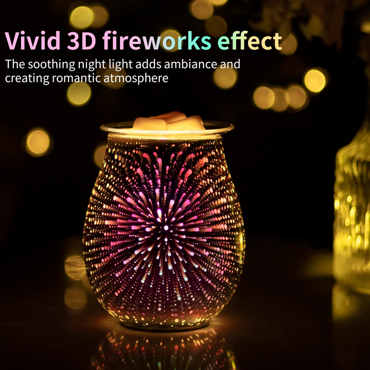 EQUSUPRO 3D Glass Electric Wax Melts Warmer Wax Burner Melter Fragrance Warmer for Home Office Bedroom Living Room Gifts & Decor (3D Fireworks)