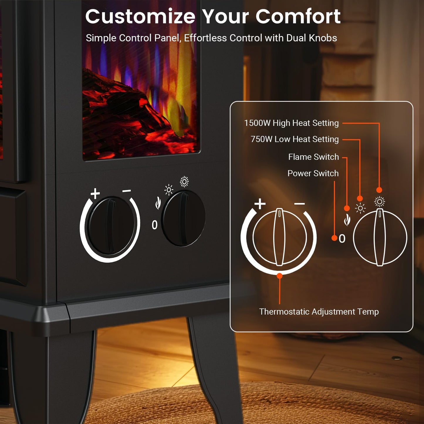 BLITZHOME Electric Fireplace Heater 18'', 3D Realistic Flame, Thermostat Control, 2 Heating Mode 750/1500W, Safety Protection, Freestanding Portable Fire Places Stove for Home Indoor, Small Space