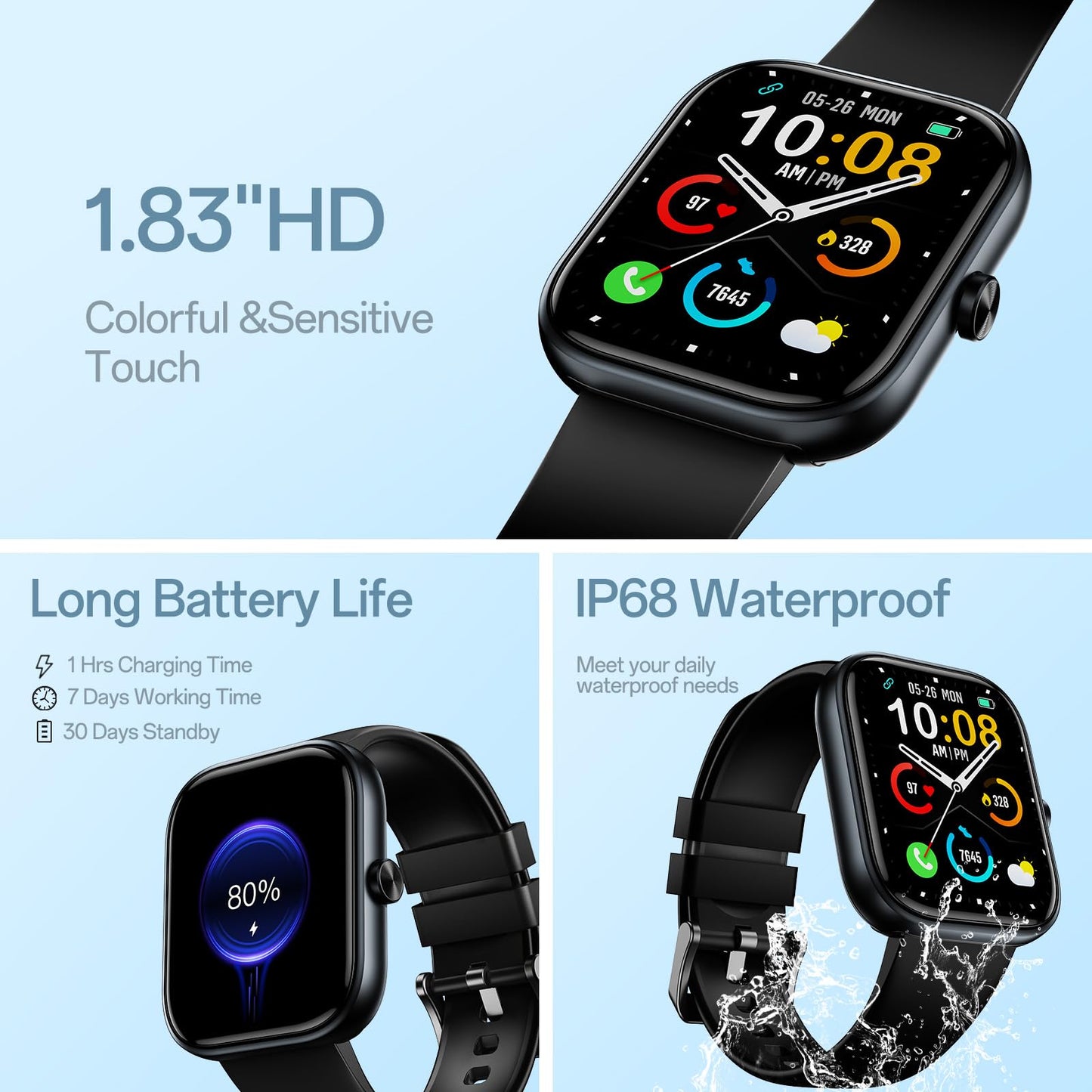 Smartwatch for Men Women(Answer/Make Call), 1.83" HD Touch Screen Smartwatch with Heart Rate/Sleep/Spo2 Monitor, Pedometer, IP68 Waterproof, 110+ Sport Modes, Fitness Tracker for Android iOS, Black