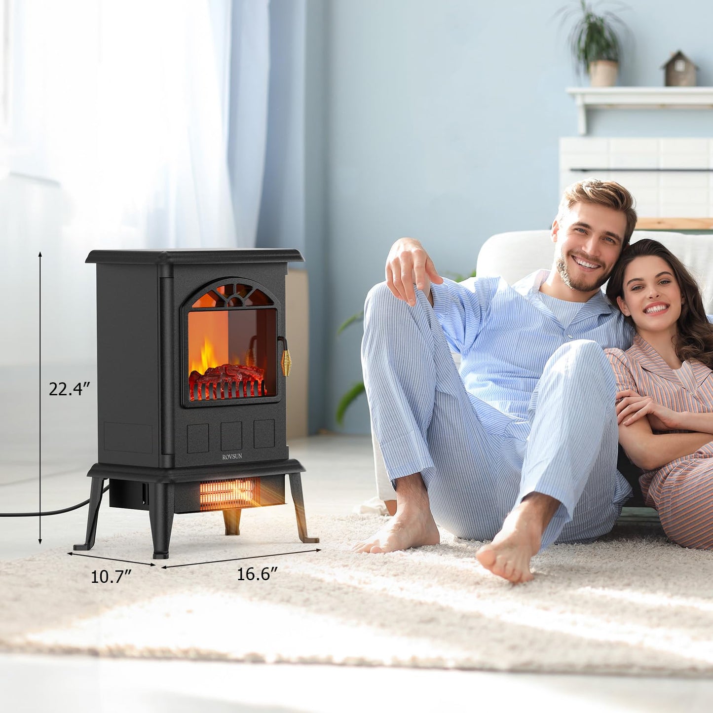 ROVSUN 22.4”H Electric Fireplace Stove w/Realistic Flame Effect, Infrared Quartz Freestanding Heater for Indoor, w/Overheat & Tip-Over Protection, 2 Heat Settings 1000W/1500W, ETL Certified, Black