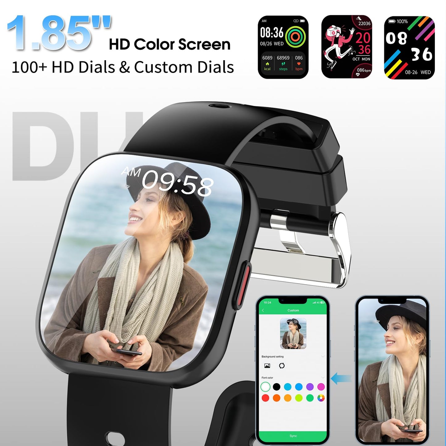 Smart Watch for Men Women Bluetooth Call, 1.85" HD Touch Screen Fitness Watch with Sleep Heart Rate Monitor, 112+ Sports Modes, IP68 Waterproof Activity Trackers for Android iOS, Black