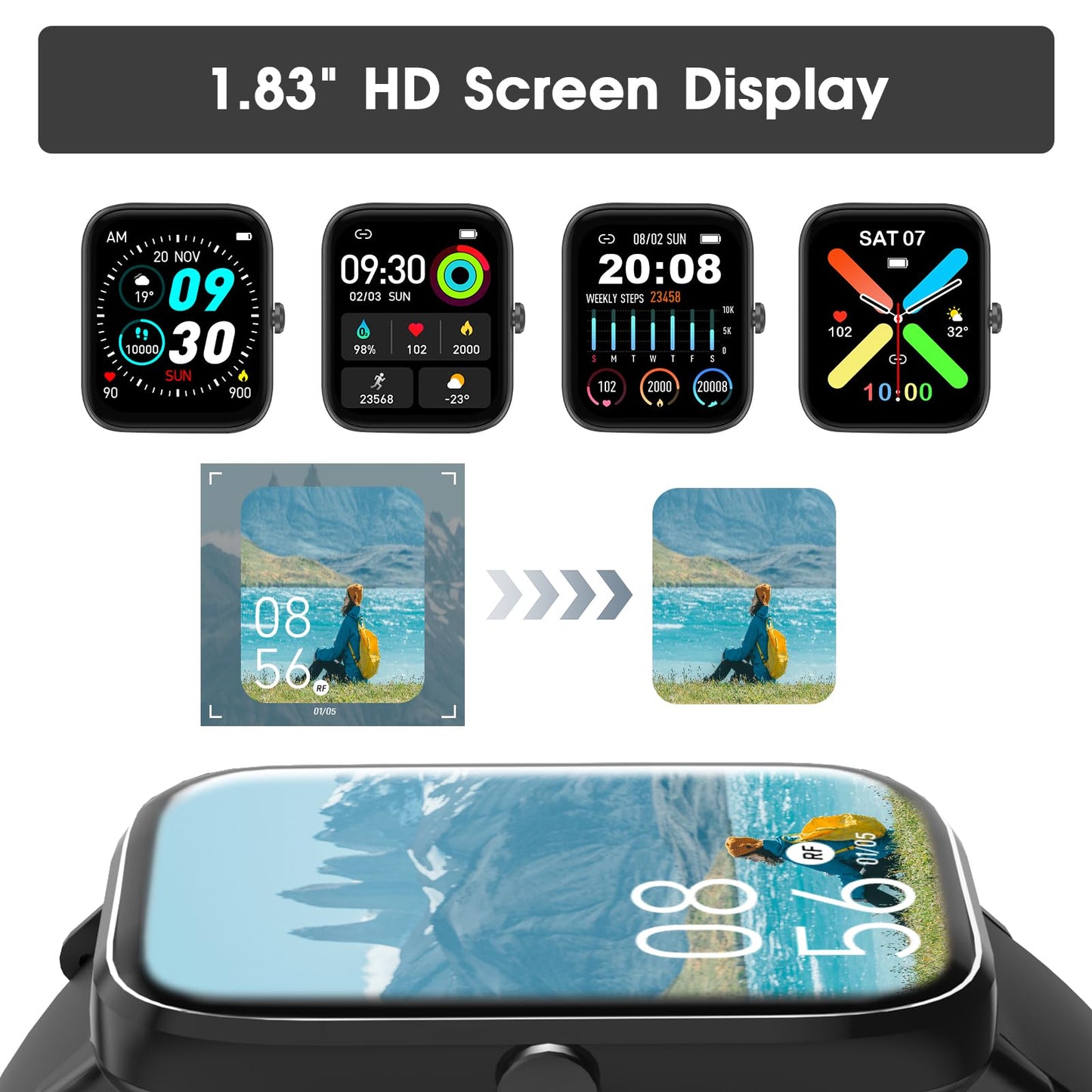 FTTMWTAG Smart Watch (Answer/Make Call): 1.85" Waterproof Fitness Trackers with 24-Hours Blood Pressure Heart Rate SpO2 Sleep Monitor Watches for Men Women, iPhone Android Compatible (Stone Black)