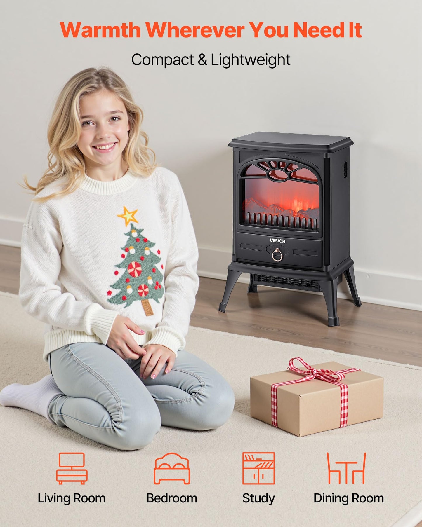 VEVOR 22.8inch Freestanding Fireplaces, 1500W 5120BTU Portable Electric Fireplace Stove Heater, with Overheating Protection,Realistic Flames,for Living Room,Bedroom,Study,Dining Room Warmth,Black