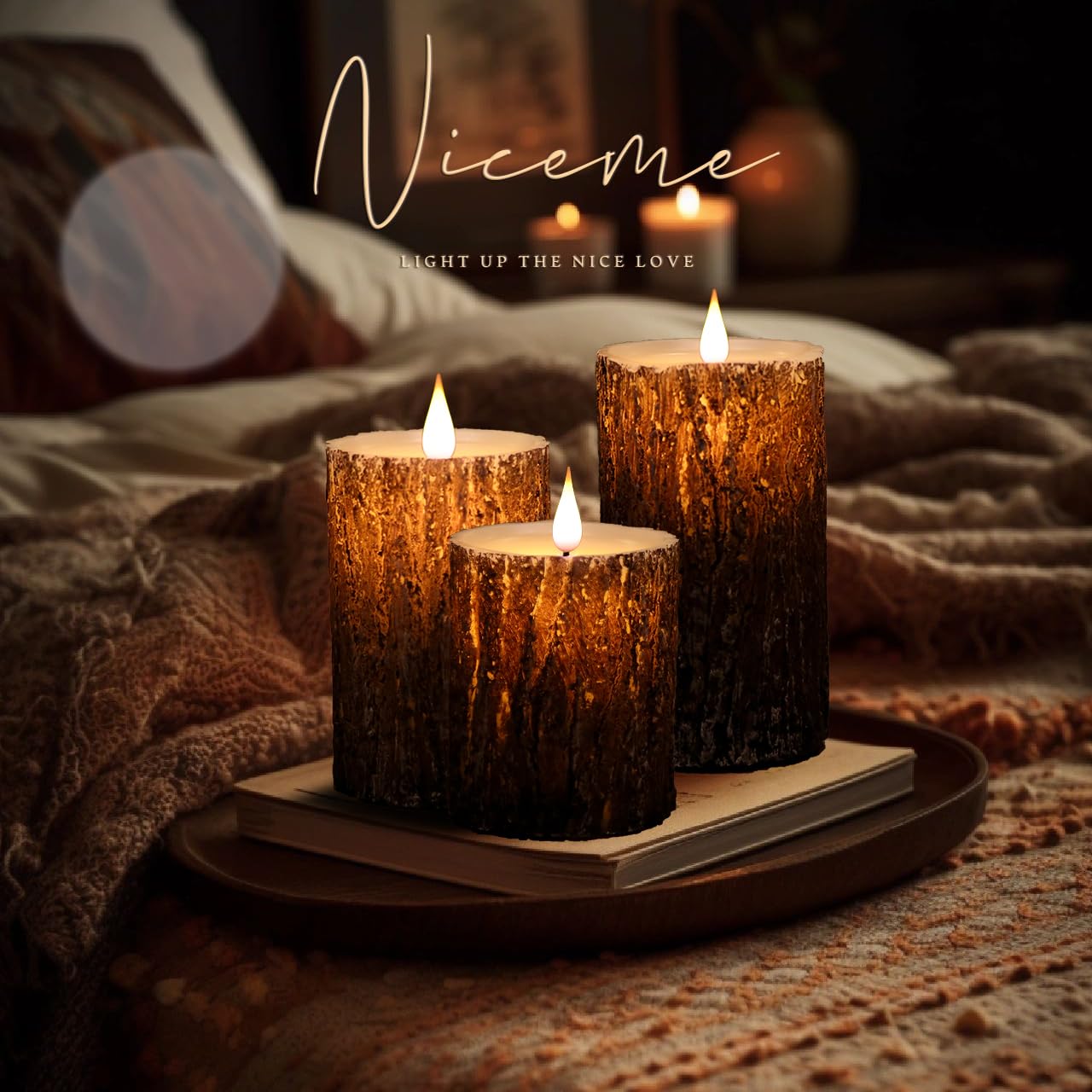 NICEME Rechargeable LED Pine Bark Flameless Candles with Timer Remote USB Cable, Brown Real Wax USB Candles Flickering Fireplace Cabin Decor Electric Fake Battery Pillar Bark Candles, D 3”×H 4”5”6”
