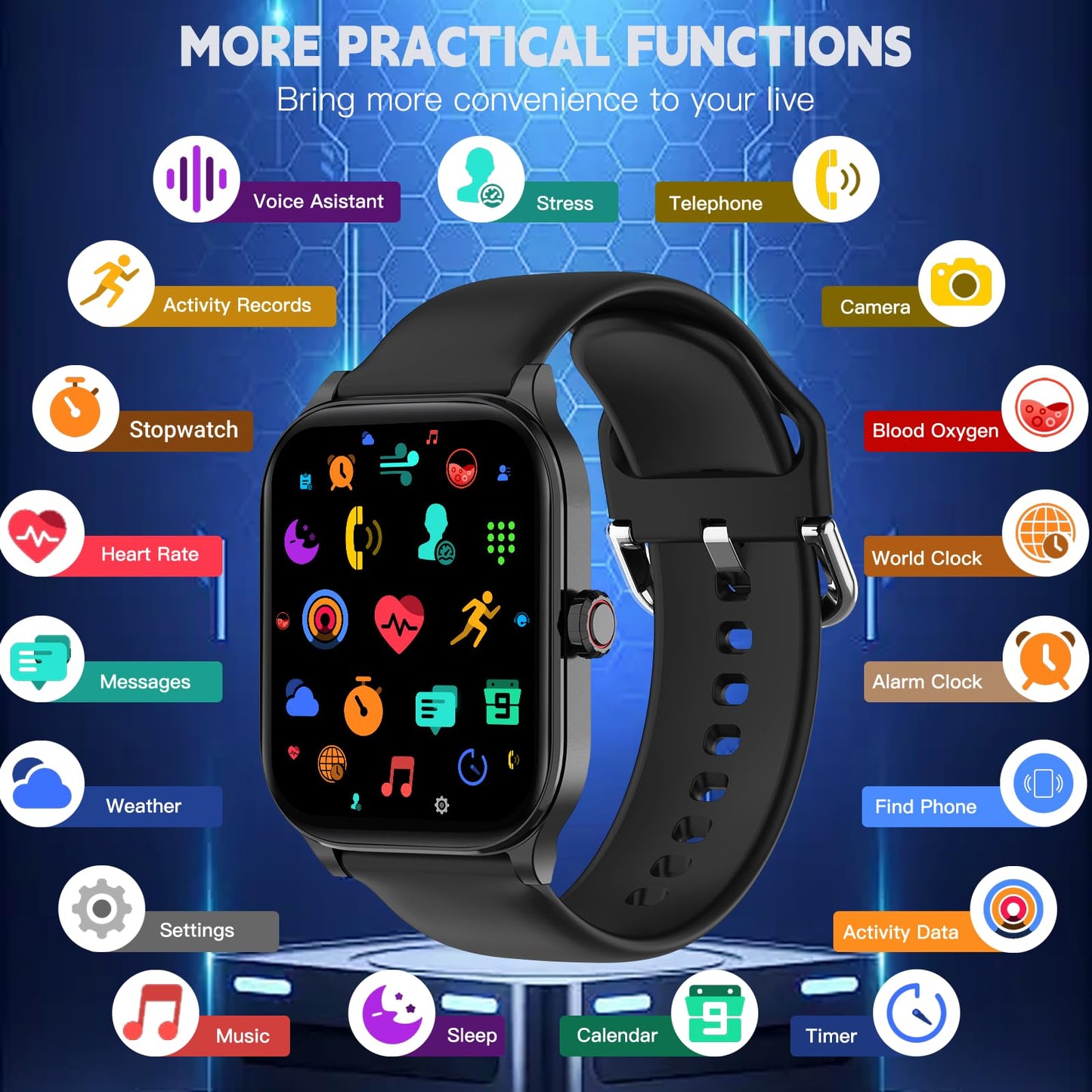 Smart Watch for Men Women(Answer/Make Call), Smartwatches with Heart Rate/SpO2/Sleep/Stress Monitor, IP68 Waterproof, 100+ Sports Mode Fitness Tracker, Compatible with Android and iPhone(Black, 2.01")