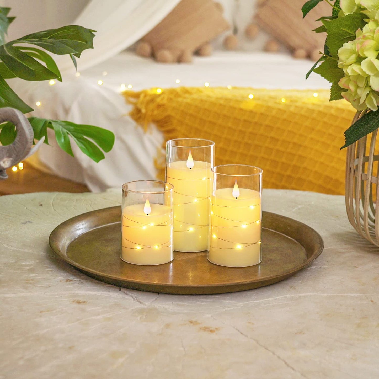 Homemory Flickering Flameless Candles with String Lights, Battery Operated, Embedded LED, Unbreakable Plexiglass with Remote, Set of 3, Ivory White