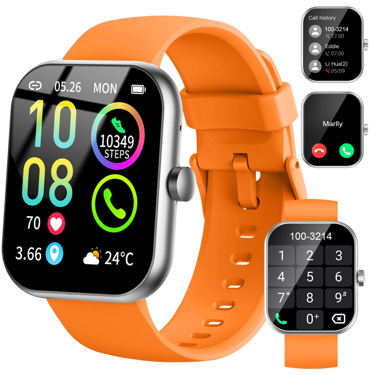 Smart Watch (Answer/Make Calls), 1.96"HD Smartwatch for Men Women 113+ Sport, 2025 Fitness Activity Tracker with Heart Rate Monitor, Sleep Trackers, Pedometer, IP68 Waterproof for Android iOS Orange