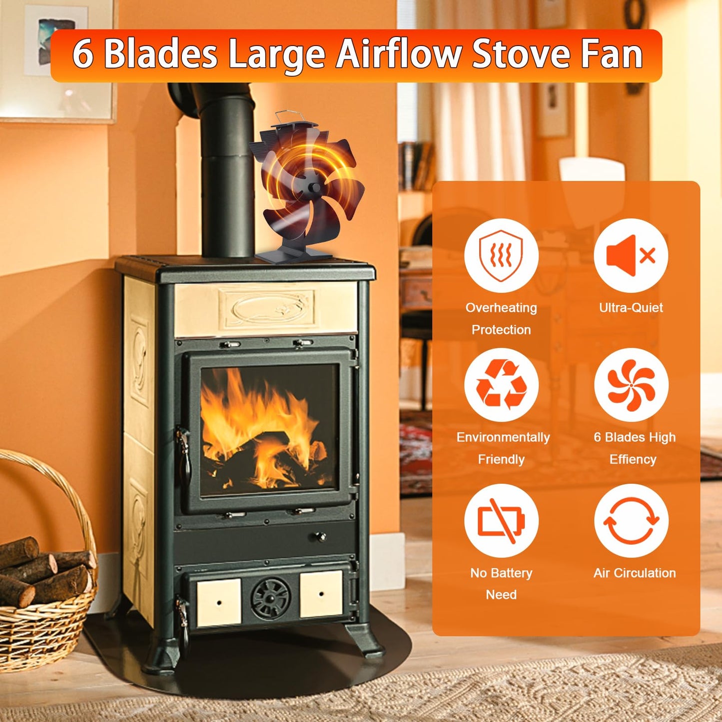 Tomersun Wood Stove Fan Heat Powered Stove Heater Fan Fireplace Fan for/Pellet/Wood Burner/Fireplace