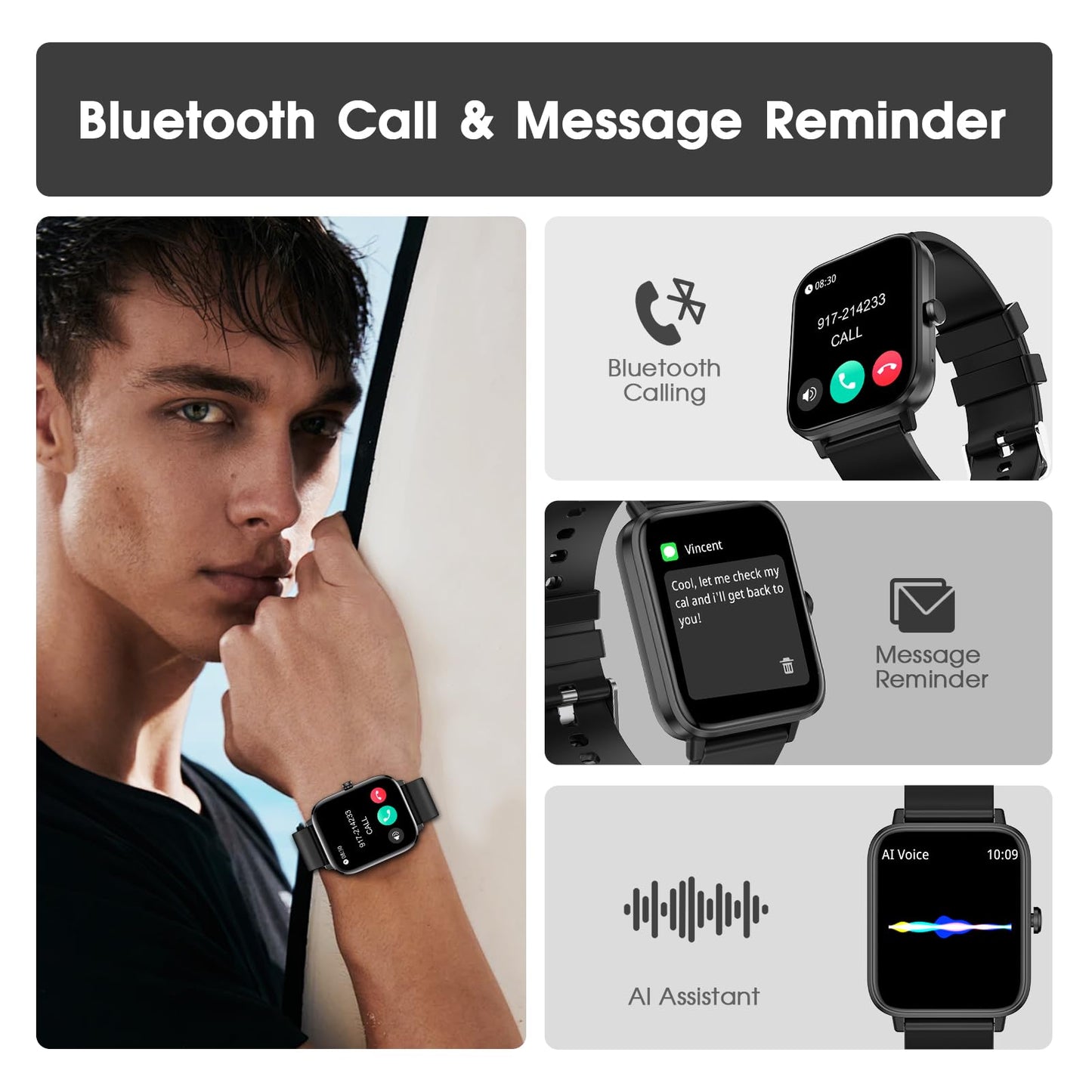 FTTMWTAG Smart Watch (Answer/Make Call): 1.85" Waterproof Fitness Trackers with 24-Hours Blood Pressure Heart Rate SpO2 Sleep Monitor Watches for Men Women, iPhone Android Compatible (Stone Black)
