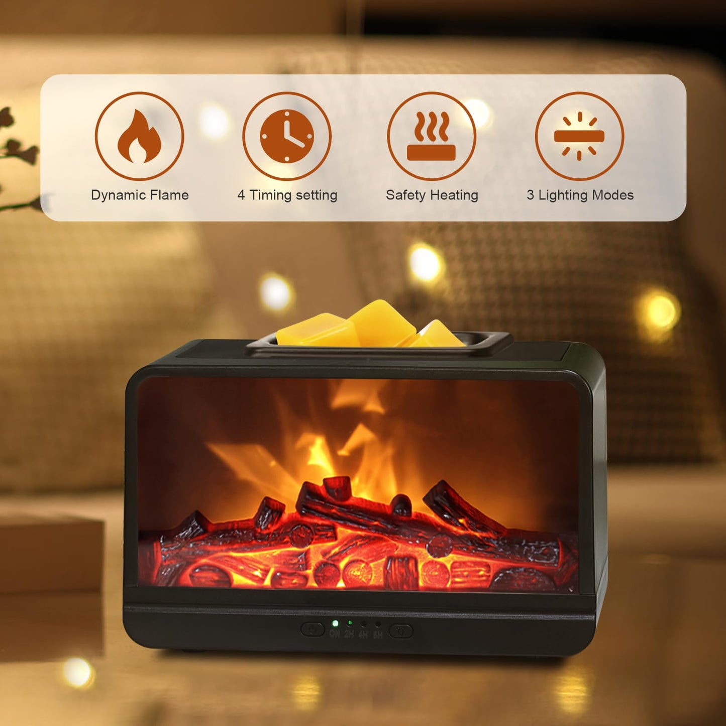 EQUSUPRO Wax Melt Warmer Electric Burner - Flame Fireplace Candle Wax Warmer, Wax Melter for Scented Wax with 4 Timer, Dynamic Flame Fragrance Wax Cubes Oil Warmer Gift & Decor for Home Office Studio